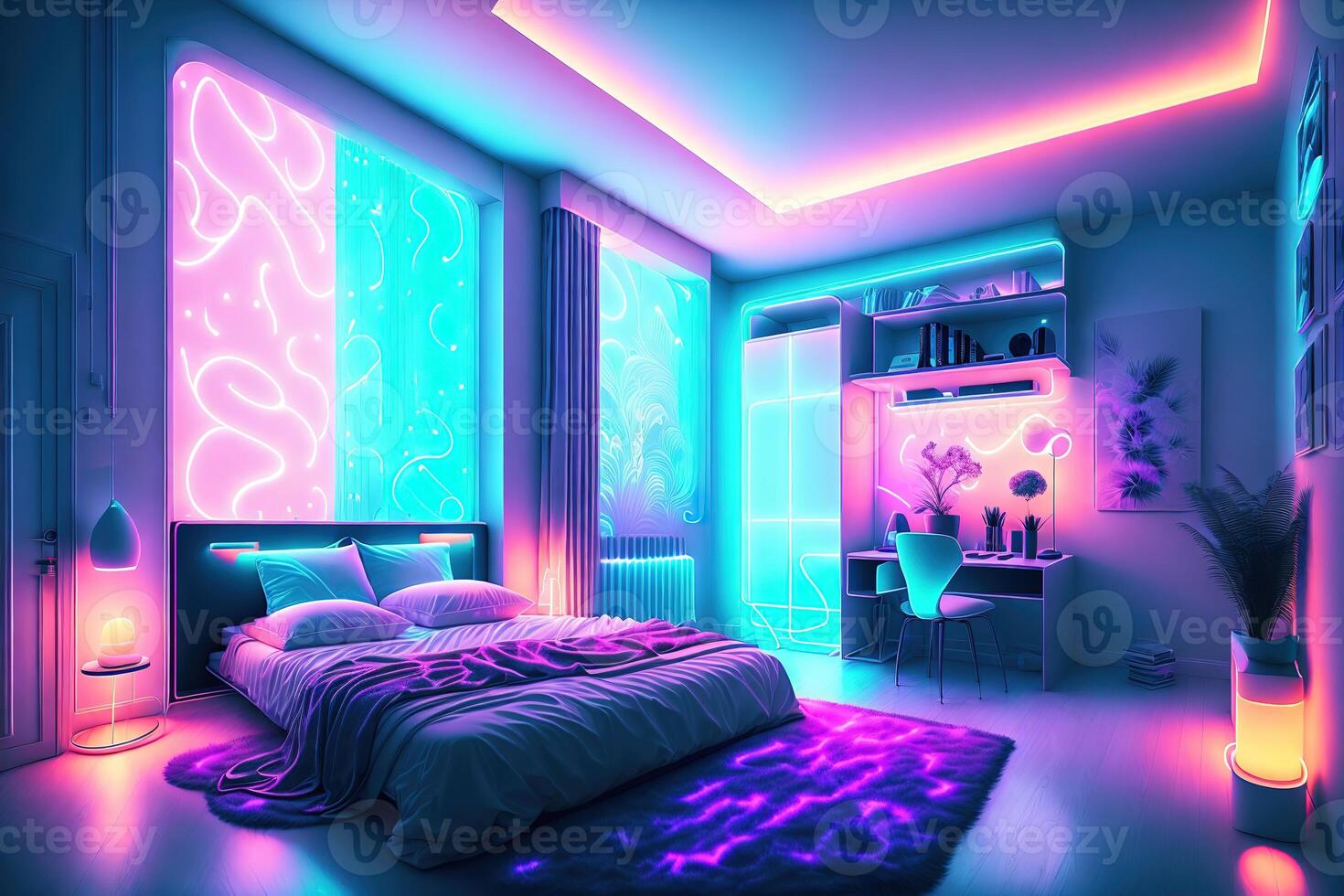 moderno Camera da letto interno con neon luci raggiante ambientale nel il sera lussuoso elegante di ai generato foto