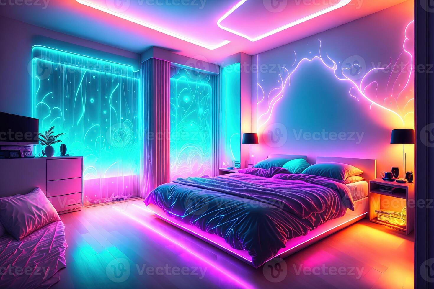 moderno Camera da letto interno con neon luci raggiante ambientale nel il sera lussuoso elegante di ai generato foto