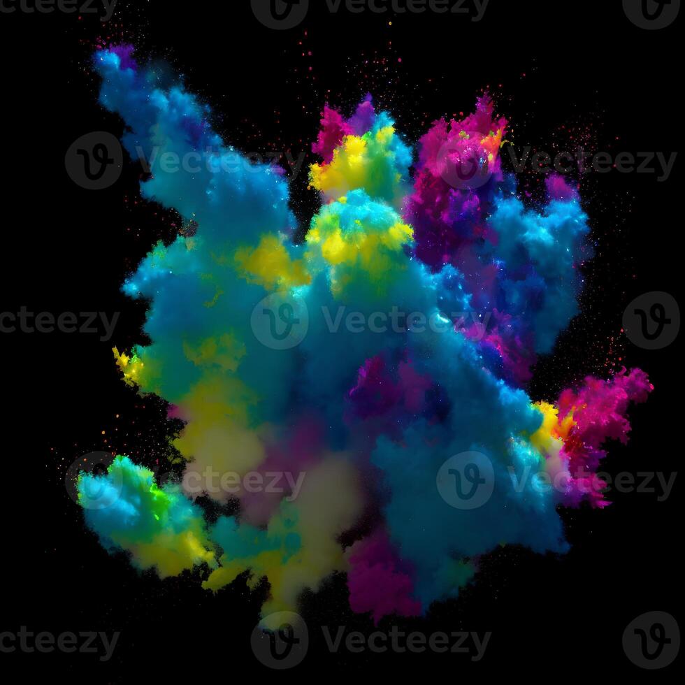 multicolore dipingere esplosione, dipingere dispersione esplosione di colorato nuvole, polvere nube che esplode su nero sfondo, progettato con artificiale intelligenza, generativo ai foto