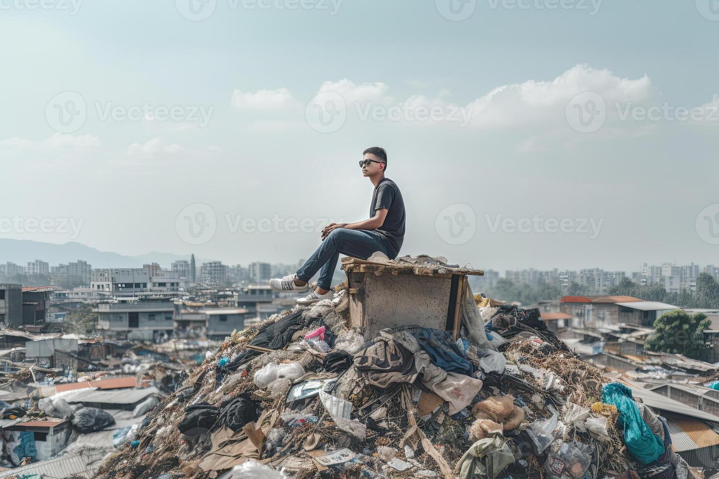 mam seduta su superiore di enorme cumulo di rifiuti con un' lotto di plastica rifiuto e vario Usato spazzatura. ambientale inquinamento concetto. creato con generativo ai foto