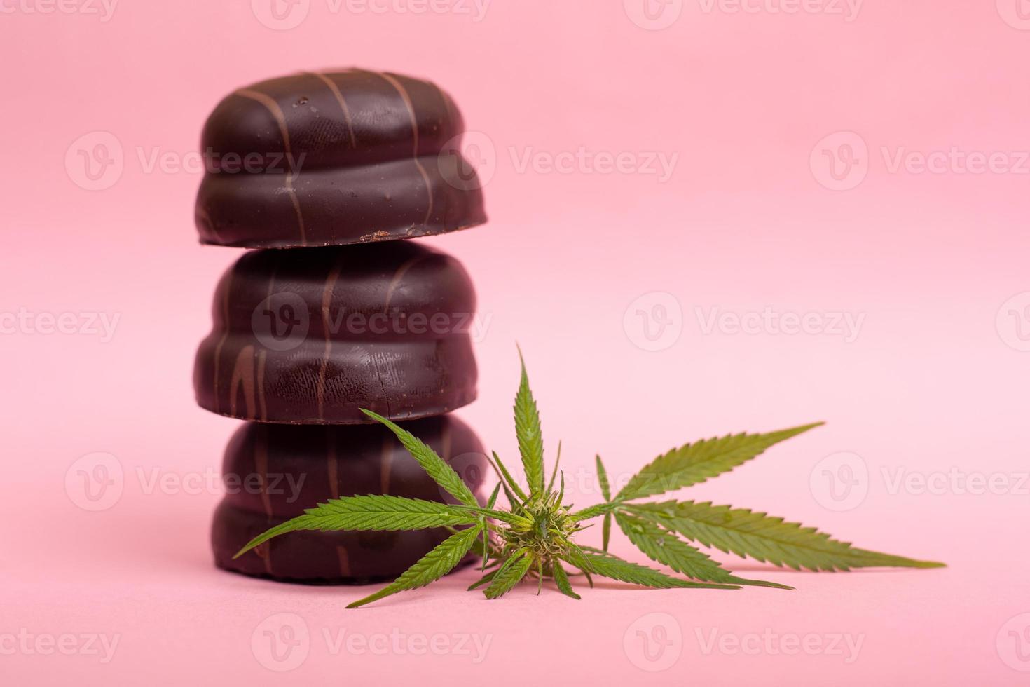 biscotto al cioccolato con estratto di thc ed estratto di cbd su sfondo rosa foto