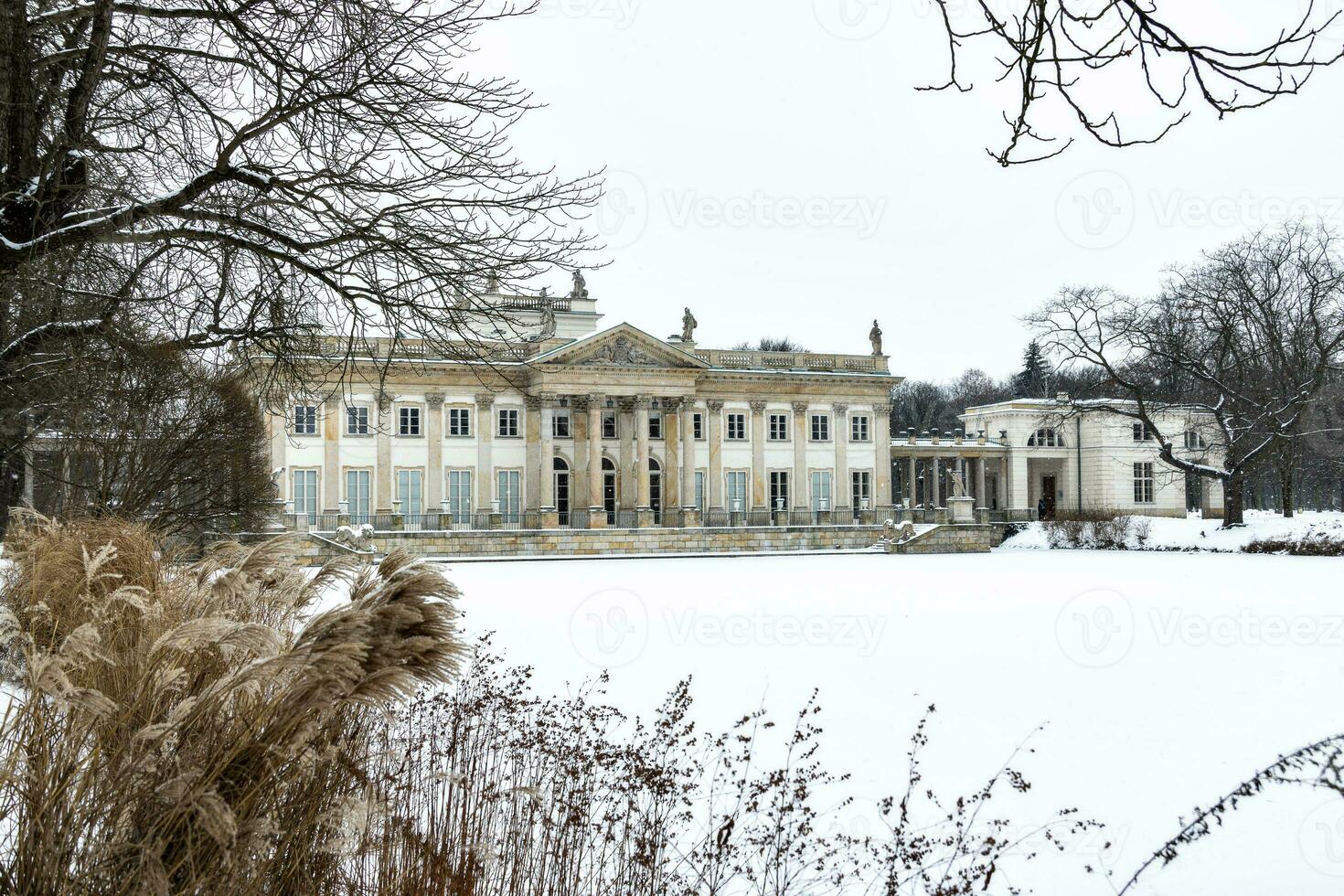 storico palazzo su il acqua nel lazienki krolewskie parco nel varsavia, Polonia durante nevoso inverno foto