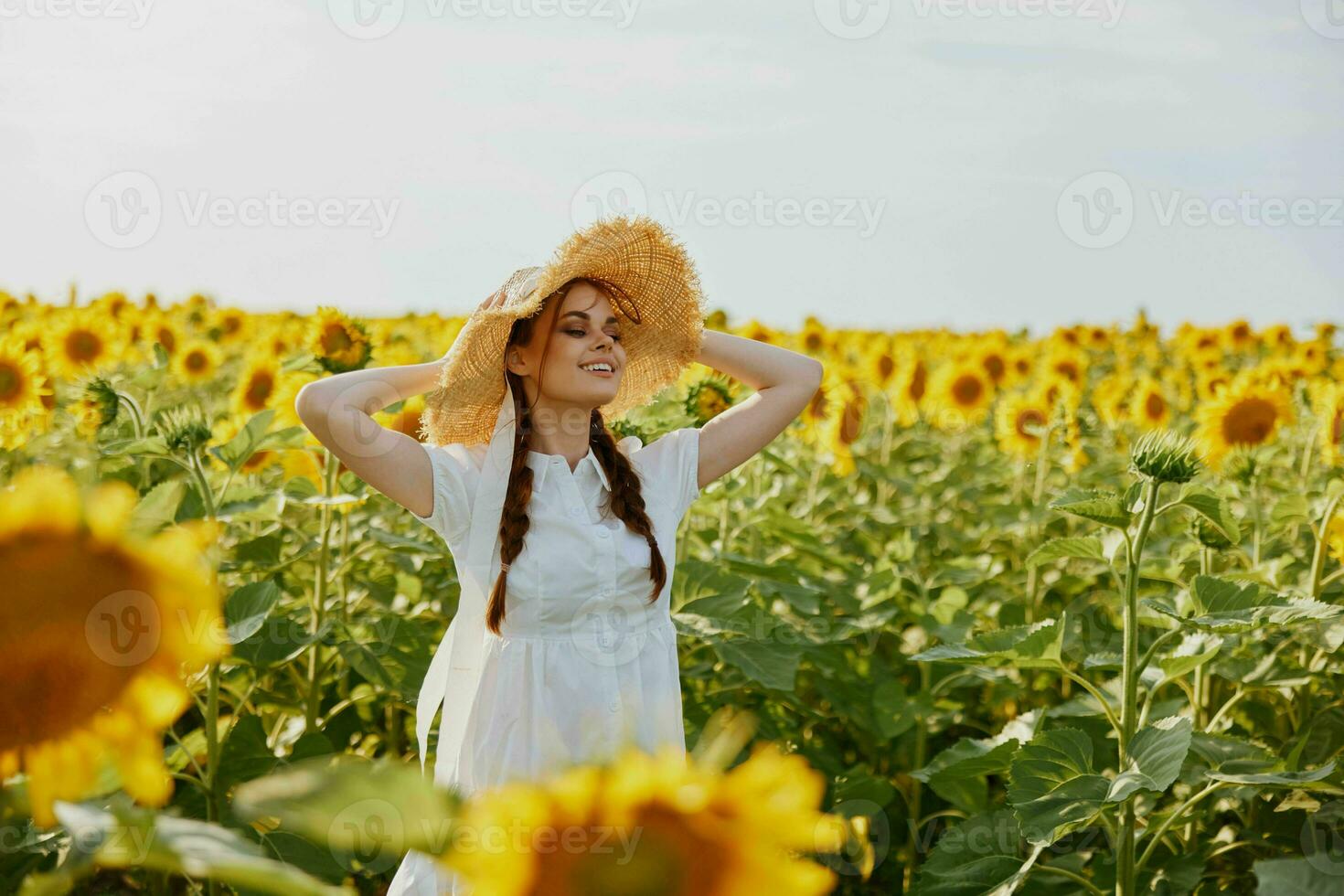 bellissimo dolce ragazza nel un' bianca vestito a piedi su un' campo di girasoli inalterato foto