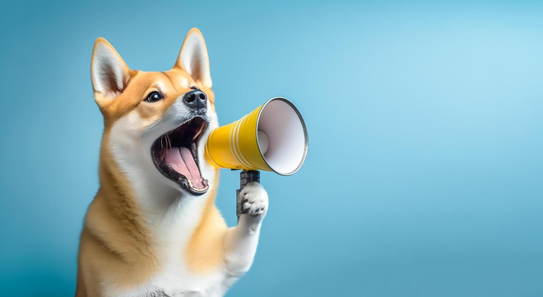divertente carino cane, shiba detiene un' giallo altoparlante nel suo urlando e annunciando su morbido blu studio sfondo, generativo ai foto