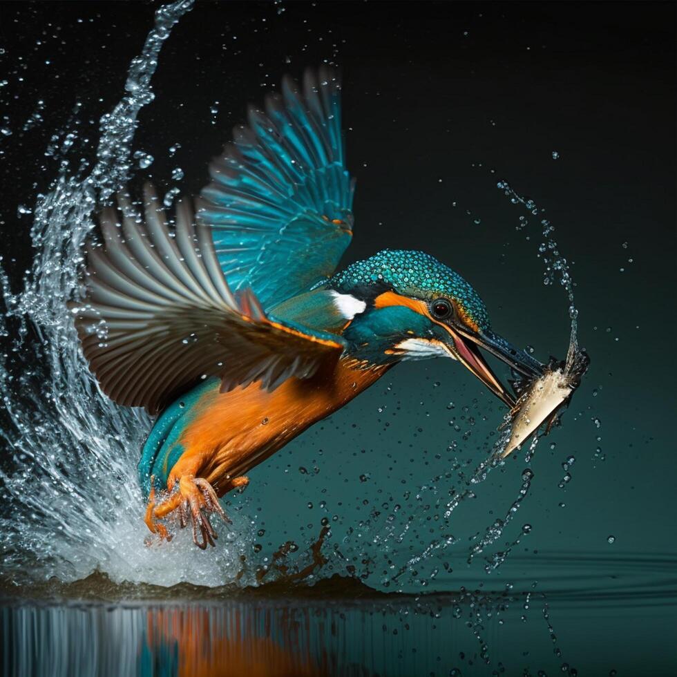 Comune europeo martin pescatore fiume martin pescatore volante dopo emergente a partire dal acqua con catturato pesce preda nel becco foto