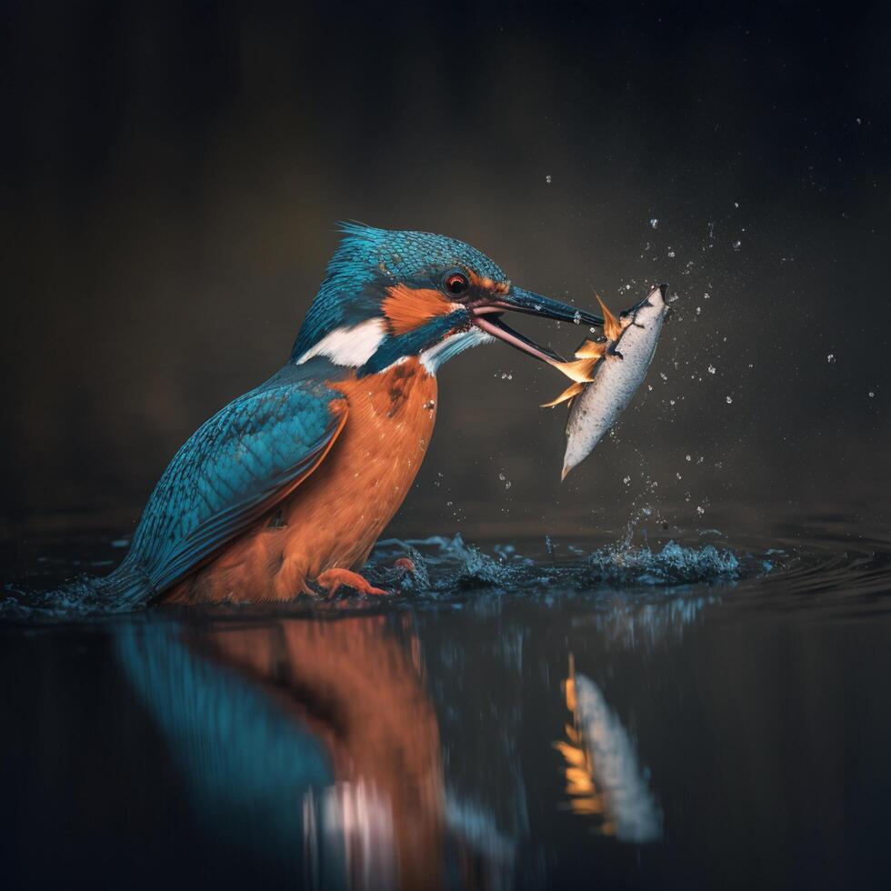 Comune europeo martin pescatore fiume martin pescatore volante dopo emergente a partire dal acqua con catturato pesce preda nel becco ai generativo foto