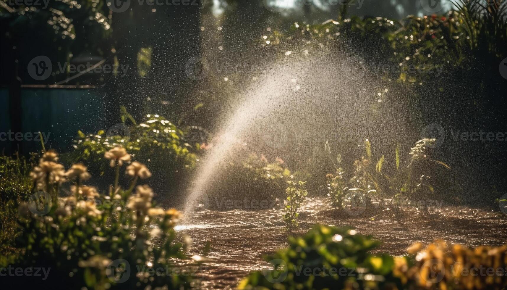 acqua spruzzo spray a il verdura campo Ritaglia o giardino suolo poteva essere a partire dal tubo flessibile o giardino spruzzatore. irrigazione il pianta a il giardino Giardino dietro la casa o verdura Ritaglia. foto