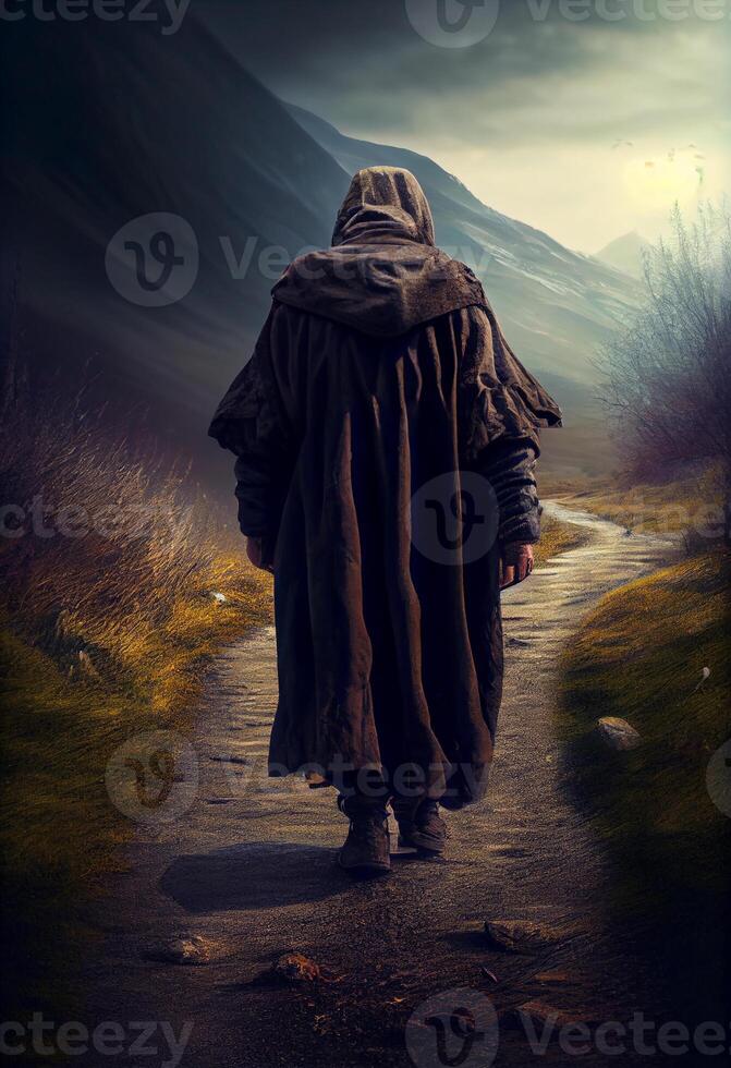 un' medievale viaggiatore nel un' mantello e cappuccio passeggiate lungo il sentiero. ai generato foto