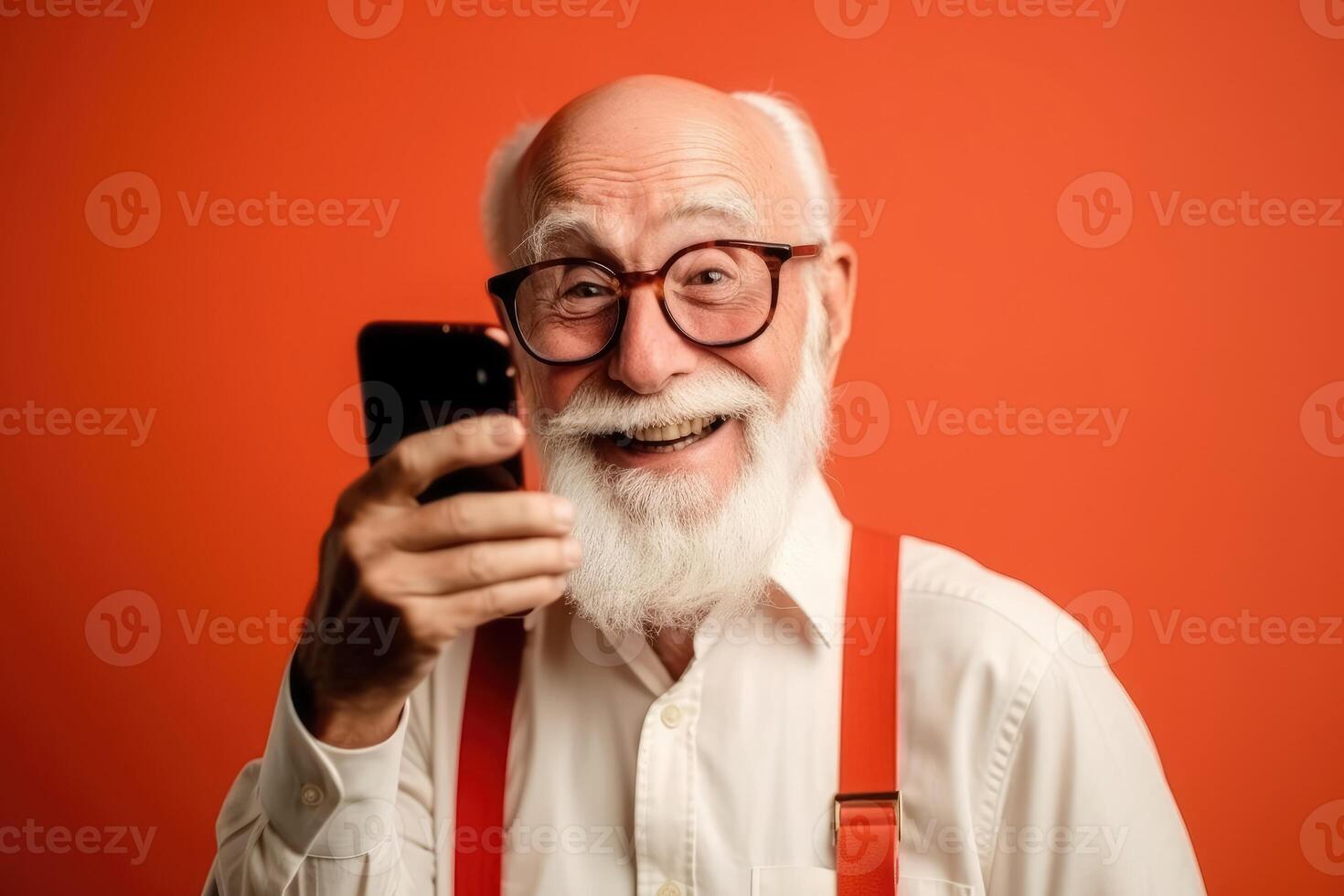 un' contento pensionato vecchio uomo Tenere un' smartphone nel il suo mani creato con generativo ai tecnologia. foto