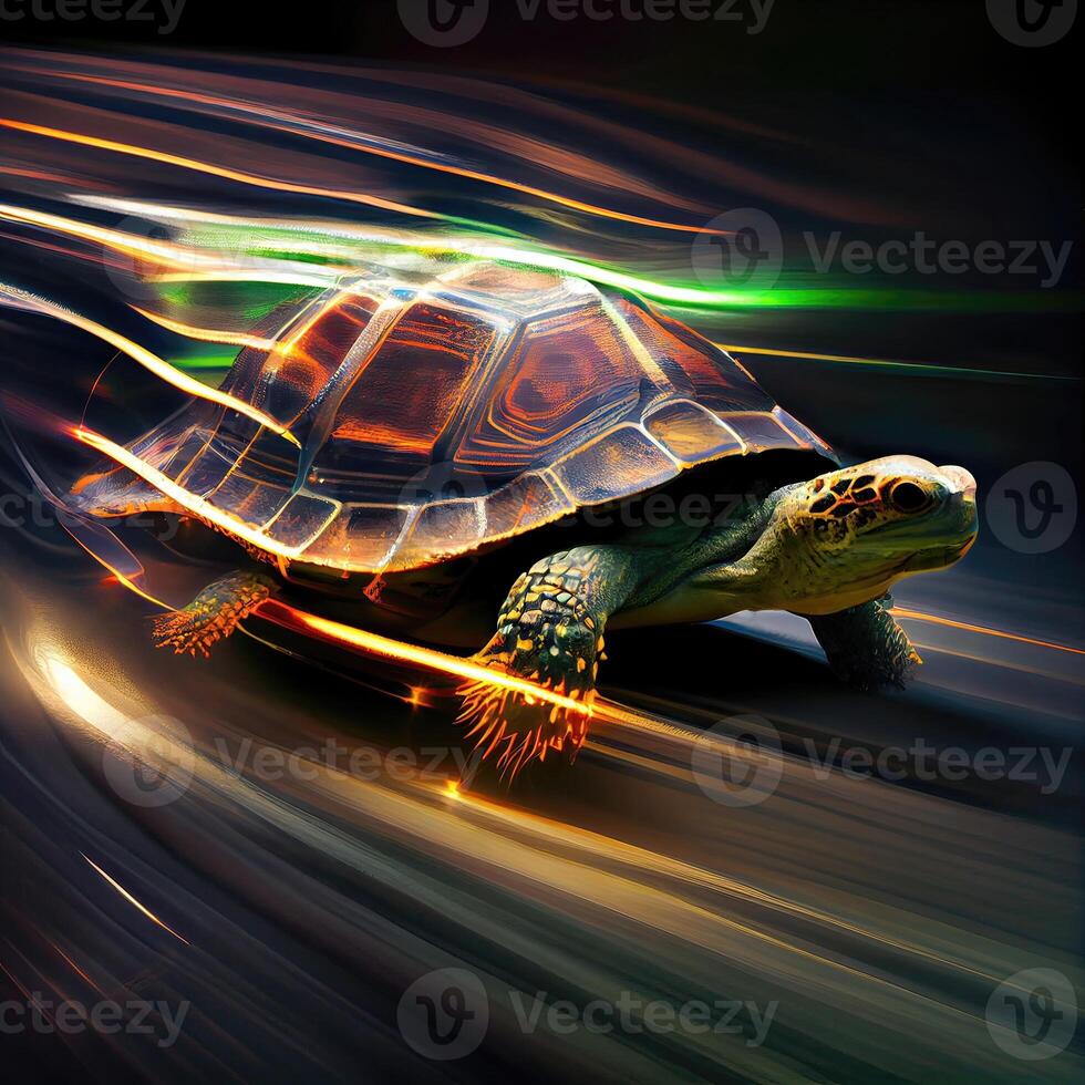 carino tartaruga strisciare veloce con velocità movimento sfocatura, pendolarismo concetto con molto veloce tartaruga in esecuzione nel il strade. generativo ai foto