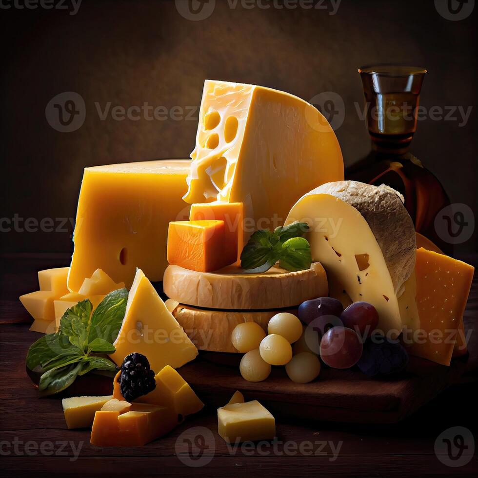 diverso tipi di formaggi su un' di legno sfondo. assortimento di formaggi. lato Visualizza. formaggio varietà su buio rustico sfondi. morbido e difficile formaggi. generativo ai foto