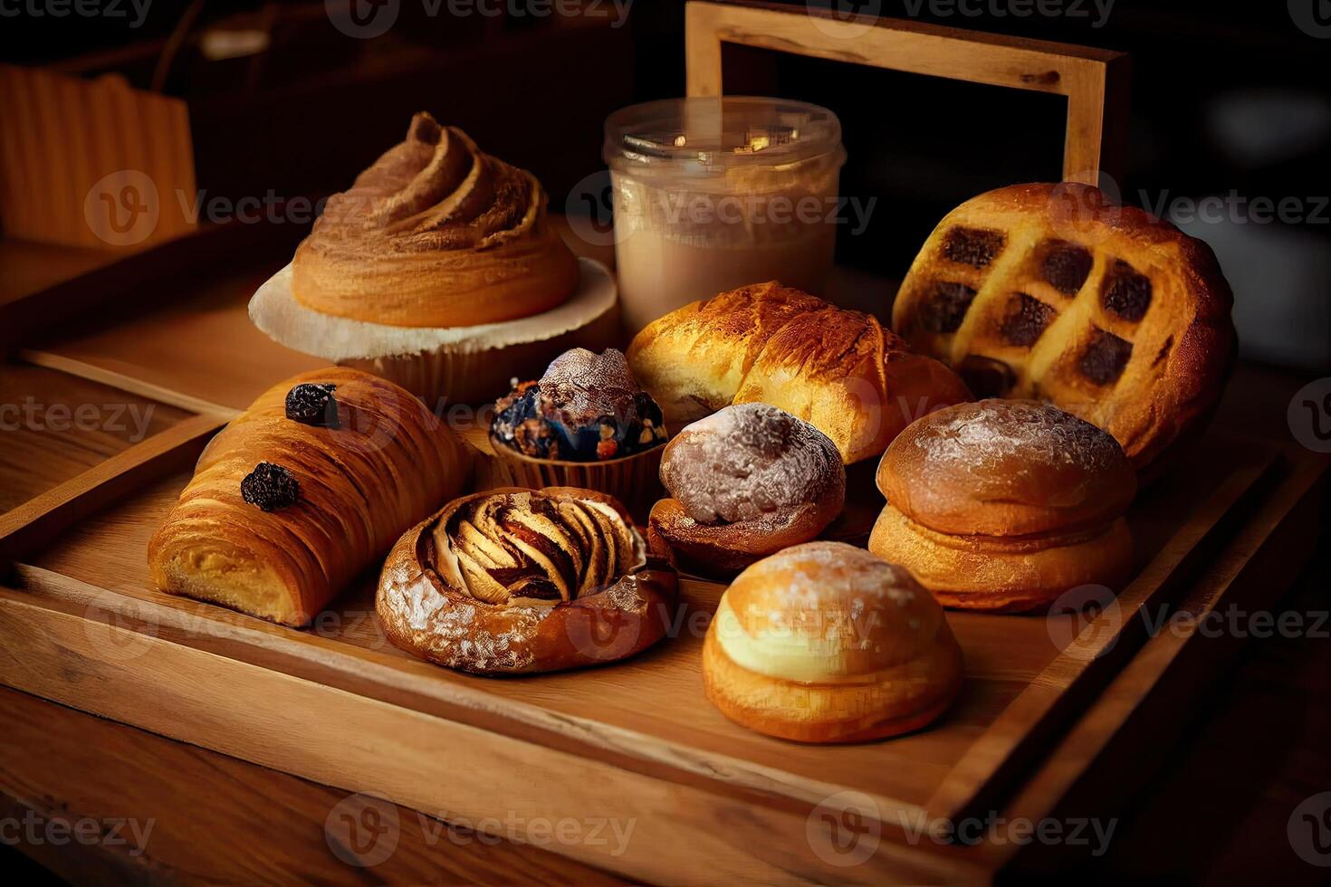 forno interno con Schermo contatori pieno di delizioso pane e pasticcini. negozio un' pasticceria o forno con Cornetti, Mela torte, cialde, e churros. appena al forno pasticcini. generativo ai foto