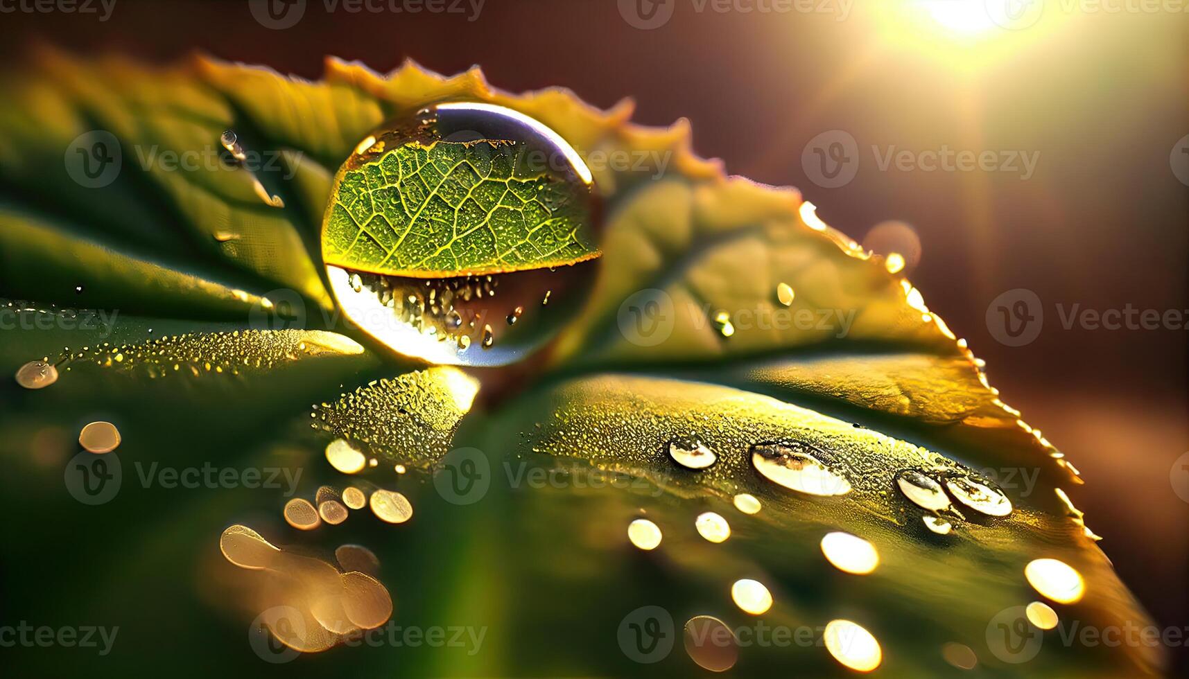 grande bellissimo gocce di trasparente pioggia acqua su un' verde foglia macro. gocce di rugiada nel il mattina splendore nel il sole. bellissimo foglia struttura nel natura. naturale sfondo. generativo ai foto