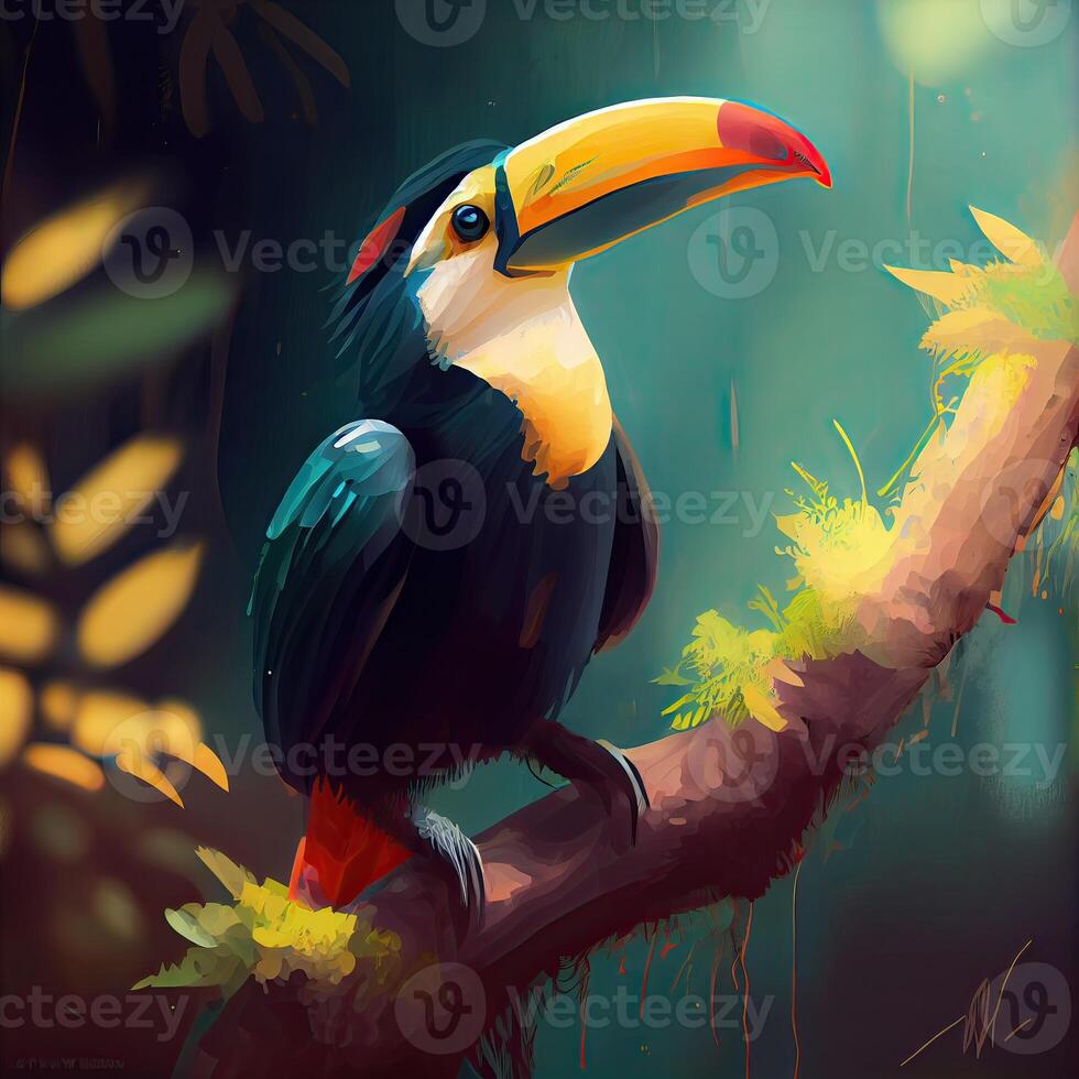 vicino su su un arancia e giallo conto tucano uccello, arroccato su un' tropico albero ramo. generativo ai foto