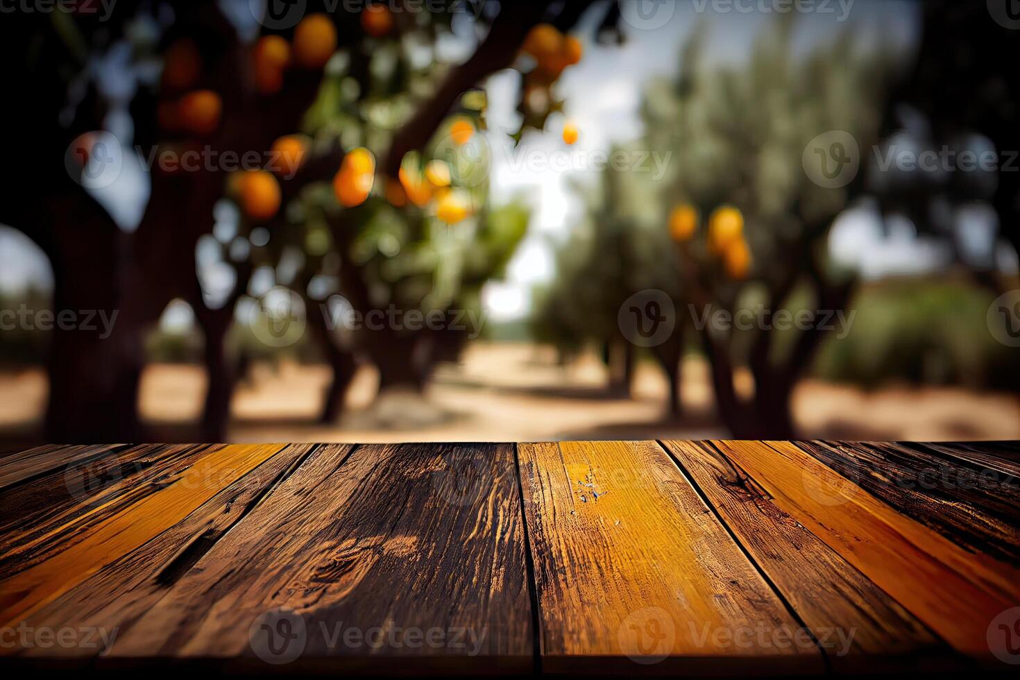 vuoto legna tavolo con gratuito spazio al di sopra di arancia alberi, arancia campo sfondo. per Prodotto Schermo montaggio. di legno tavolo posto di gratuito spazio per il tuo. generativo ai foto