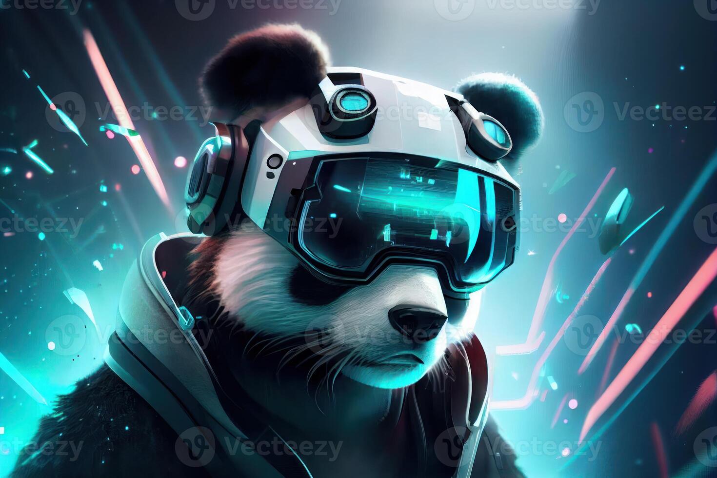 un' ologramma di un' poligonale panda indossare un' virtuale la realtà cuffia su un' futuristico neon sfondo. ai generato foto