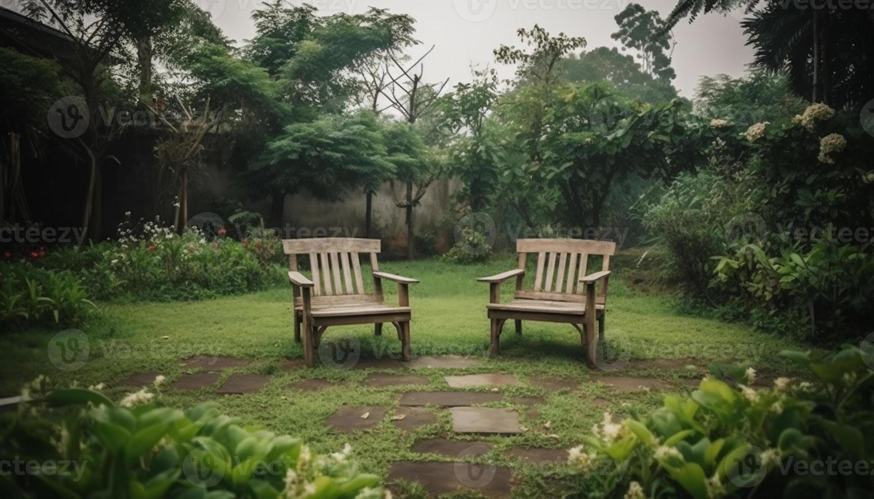 Giardino dietro la casa giardino di legno sedia un' posto per sedersi e rilassare con natura e pianta circondare. sfondo e sfondo. foto