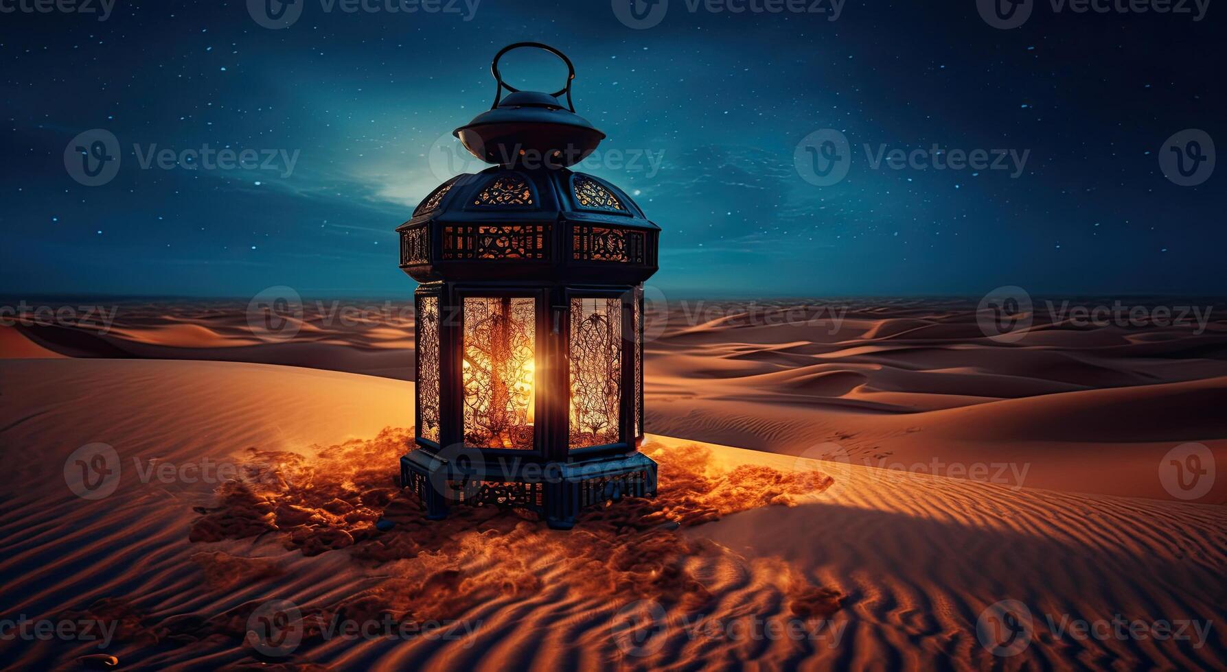 Ramadan islamico lanterna su deserto sfondo, nel il stile di romantico illuminato dalla luna paesaggi marini, blu e ambra, misterioso paesaggi onirici, decorativo quadri, illustrazione generativo ai foto