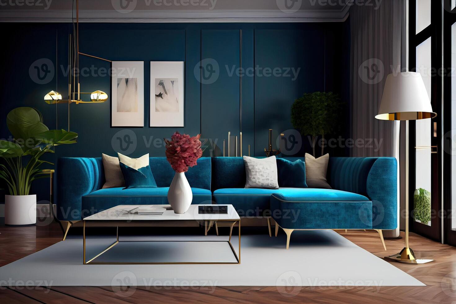 lusso vivente camera nel un' Casa con moderno interno disegno, blu divano, caffè tavolo, pouf, blu decorazione, pianta, lampada, tappeto, finto su manifesto telaio e elegante Accessori. modello. generativo ai foto