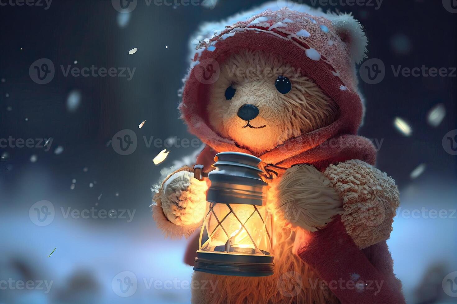 il giocattolo orso era sinistra nel il inverno a il figli di terreno di gioco. un' carino Marrone orso seduta solo su il neve durante inverno volta. generativo ai foto