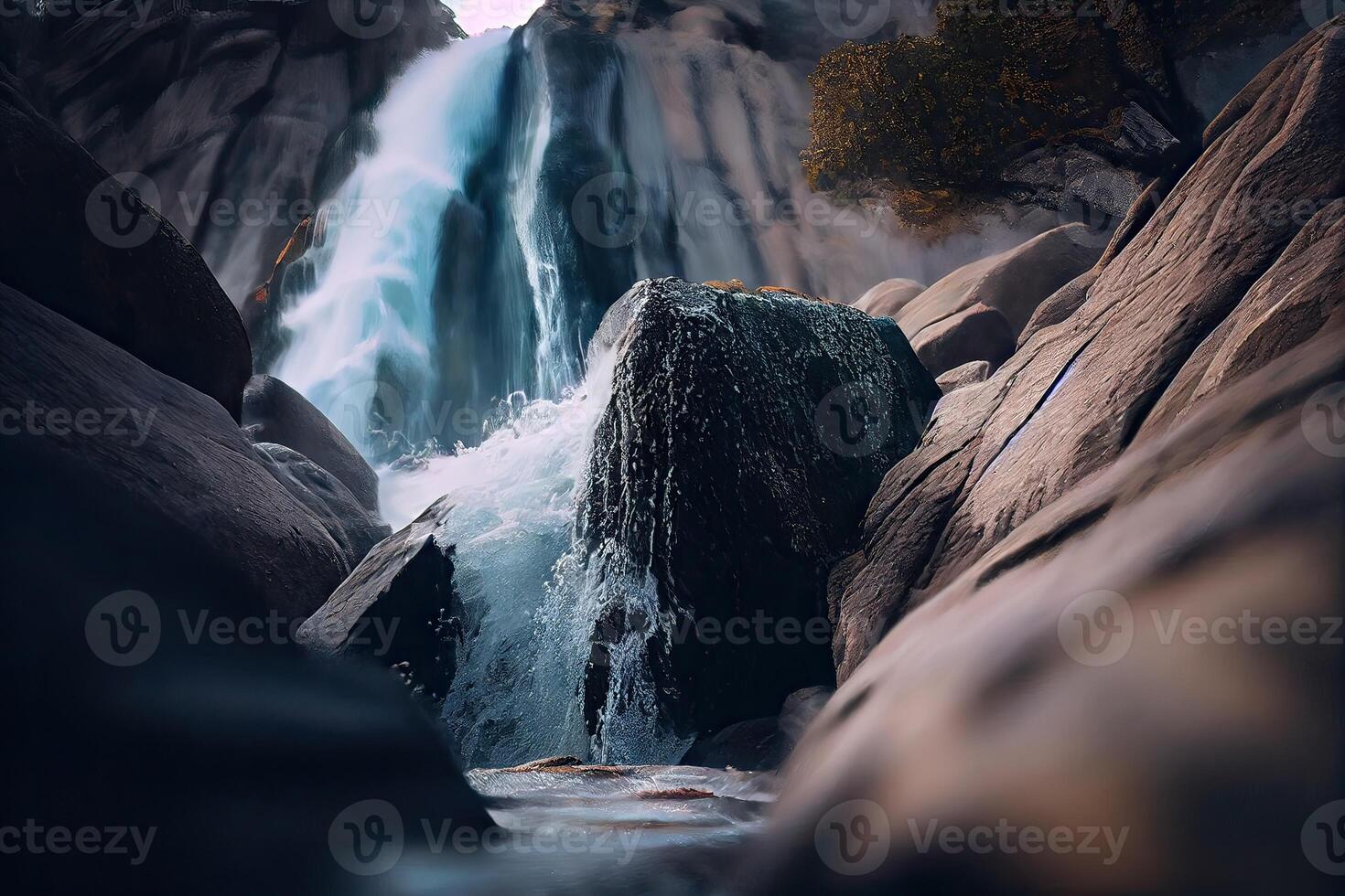 avvicinamento Visualizza di ruscello cascata. cascata avvicinamento sfondo. acqua caduta su il rocce nel vicino su. generativo ai. foto