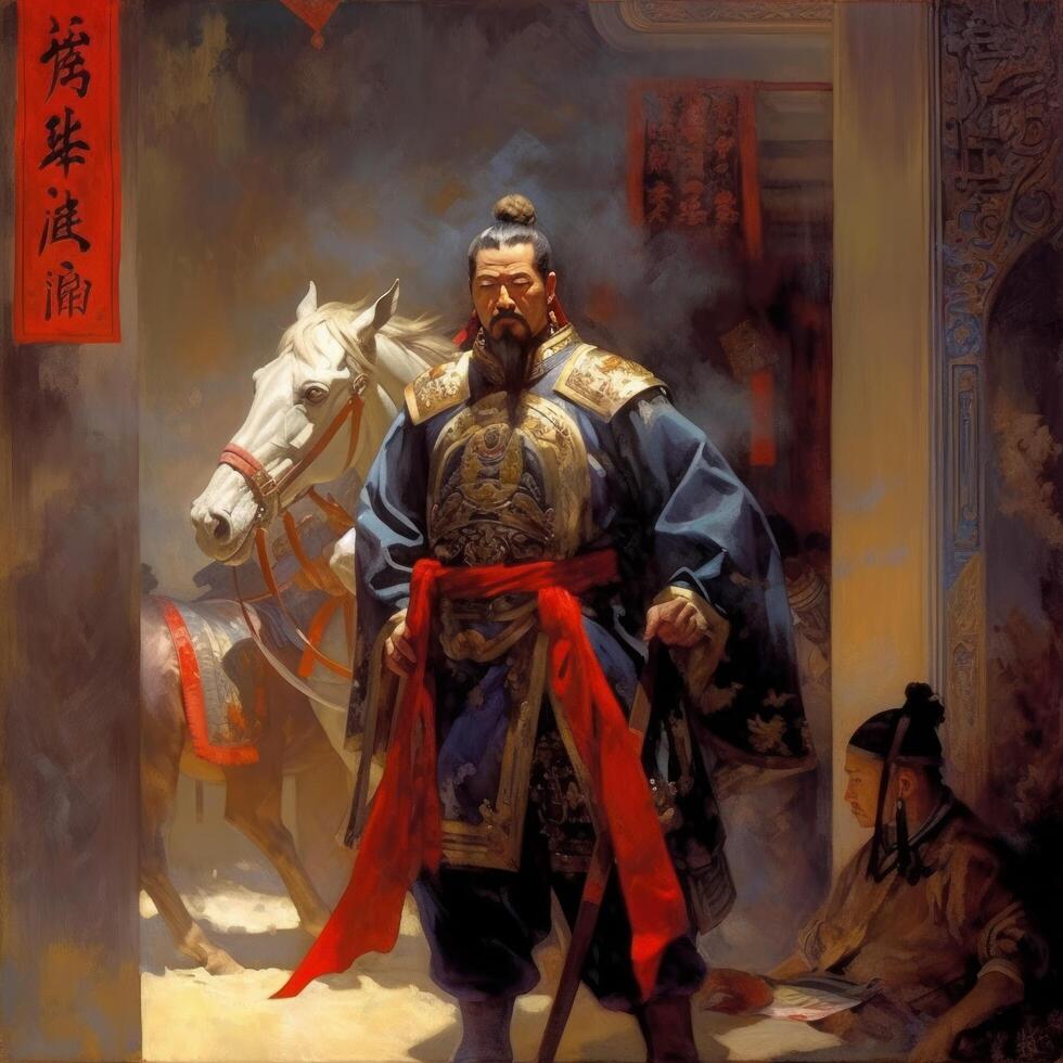 un' Cinese re con cavallo pittura generativo ai foto