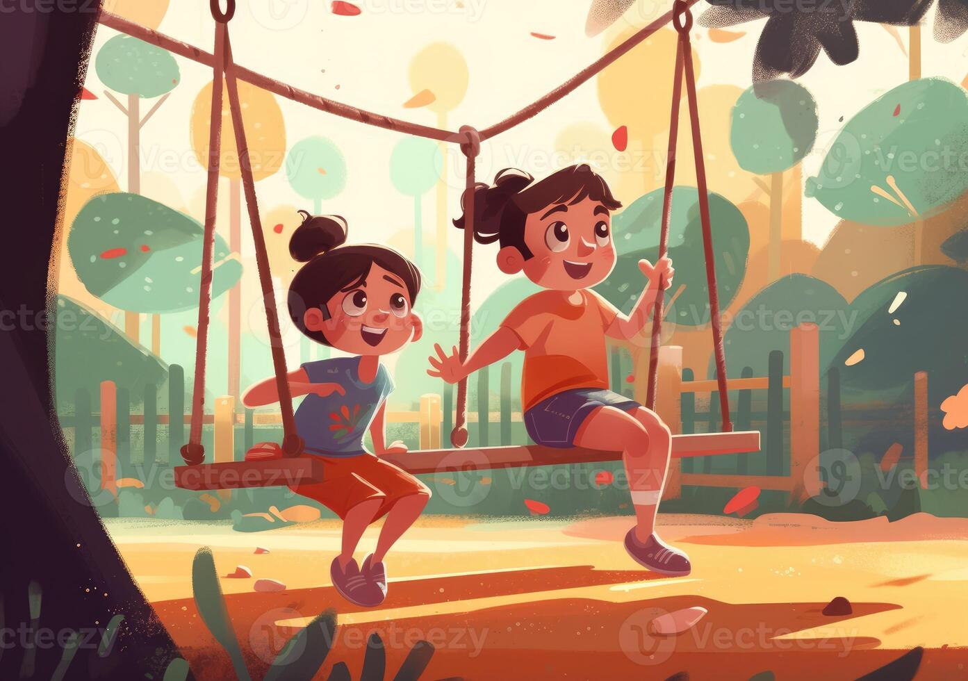 bambini giocando nel il parco con il sole dietro a loro, cartone animato illustrazione. generativo ai foto