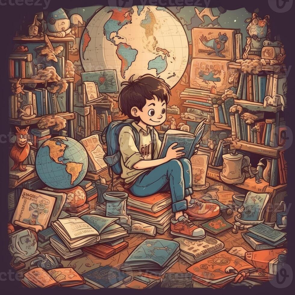 un' bambino si siede su terra lettura un' libro tra molti diverso Oggetti, cartone animato con generativo ai foto