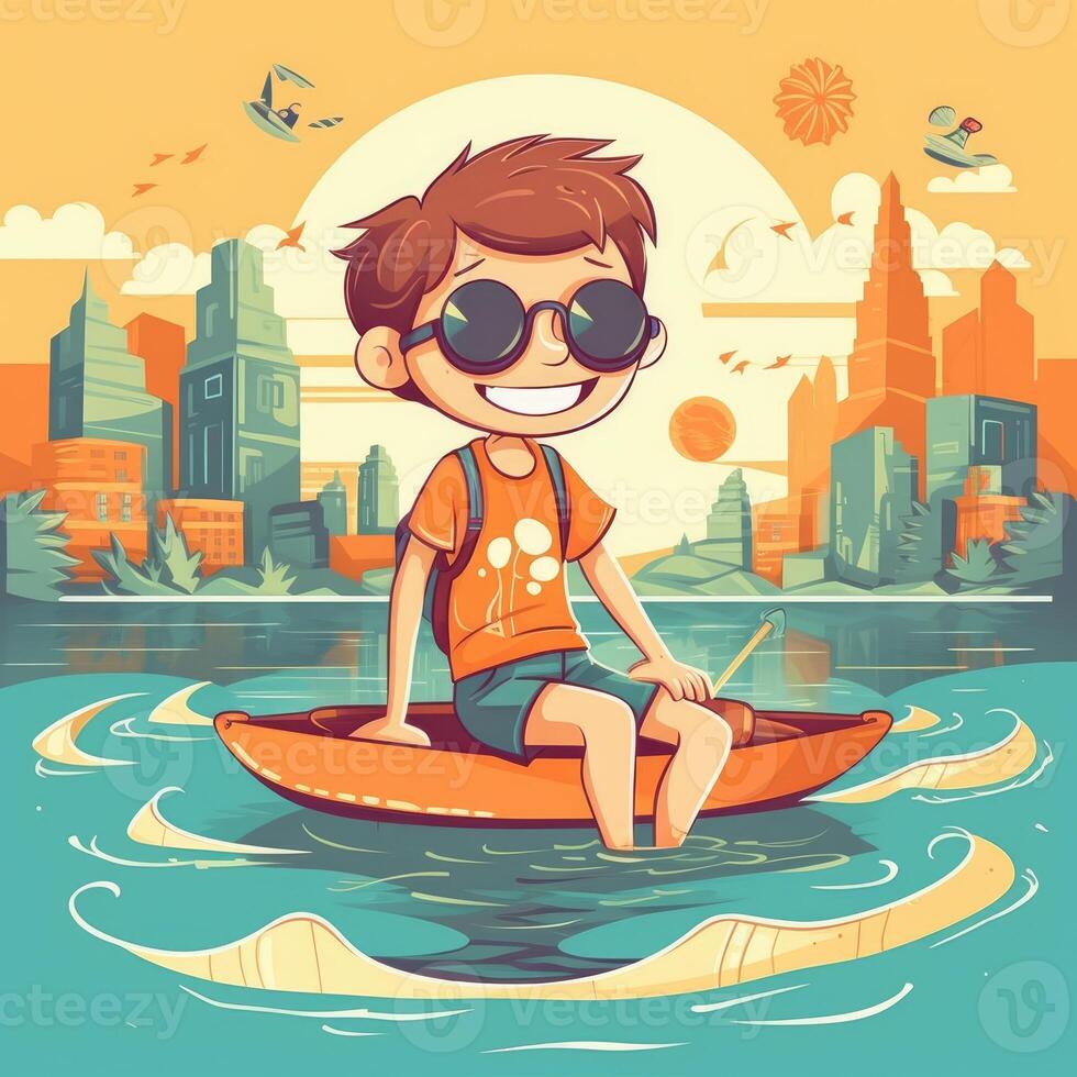 ragazzo godendo estate vacanza, cartone animato illustrazione con generativo ai foto