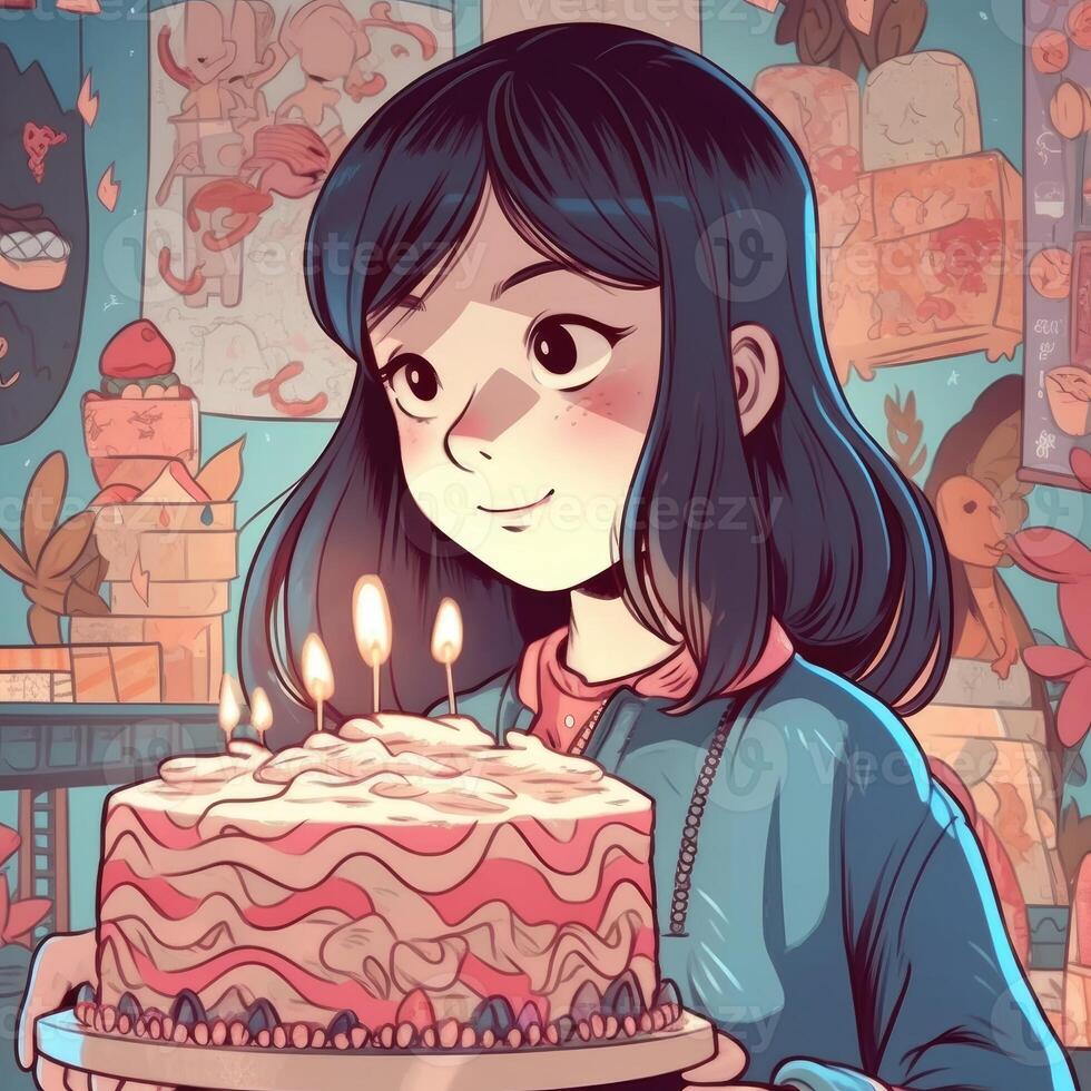 un' ragazza è Tenere un' torta mentre festeggiare un' compleanno, cartone animato illustrazione con generativo ai foto