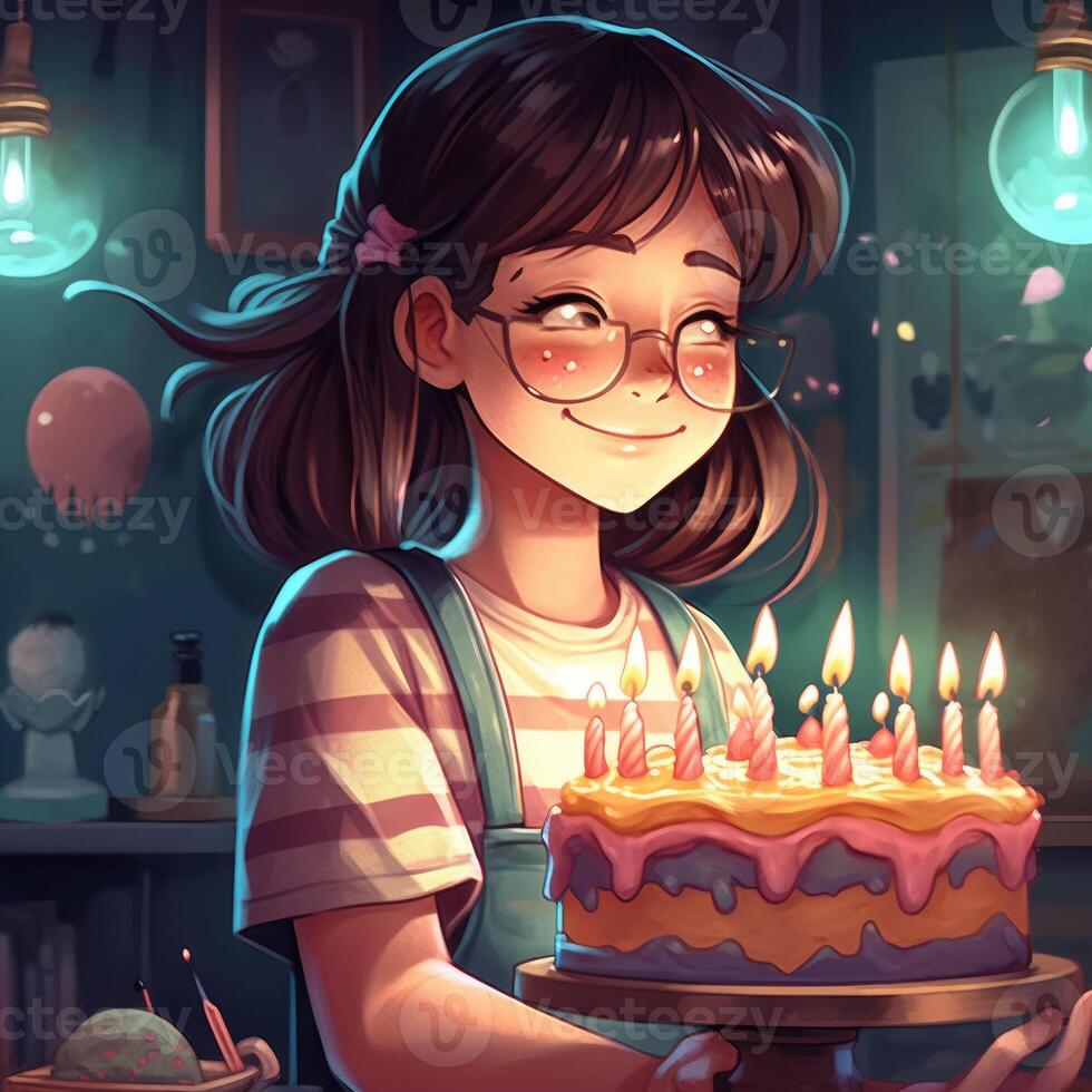 un' ragazza è Tenere un' torta mentre festeggiare un' compleanno, cartone animato illustrazione con generativo ai foto