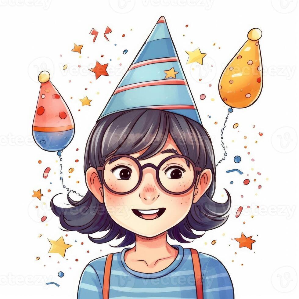 un' bambino con bicchieri e un' cappello è festeggiare sua compleanno, cartone animato illustrazione con generativo ai foto