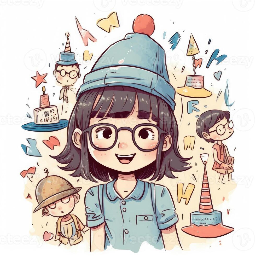 un' bambino con bicchieri e un' cappello è festeggiare sua compleanno, cartone animato illustrazione con generativo ai foto