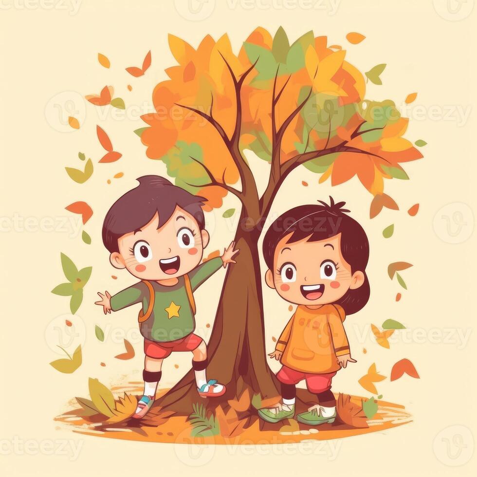 Due bambini giocando in giro il albero, cartone animato illustrazione con generativo ai foto