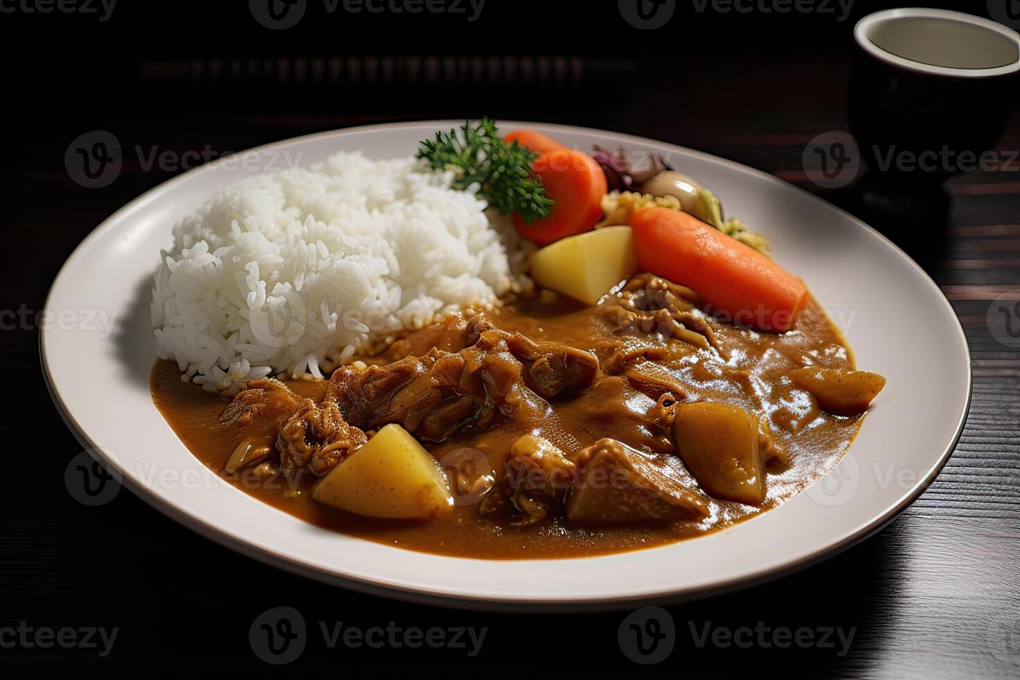 giapponese ordinario curry riso patate, carote, cipolle e Manzo nel speziato giallo curry servito con al vapore Riso. generativo ai foto