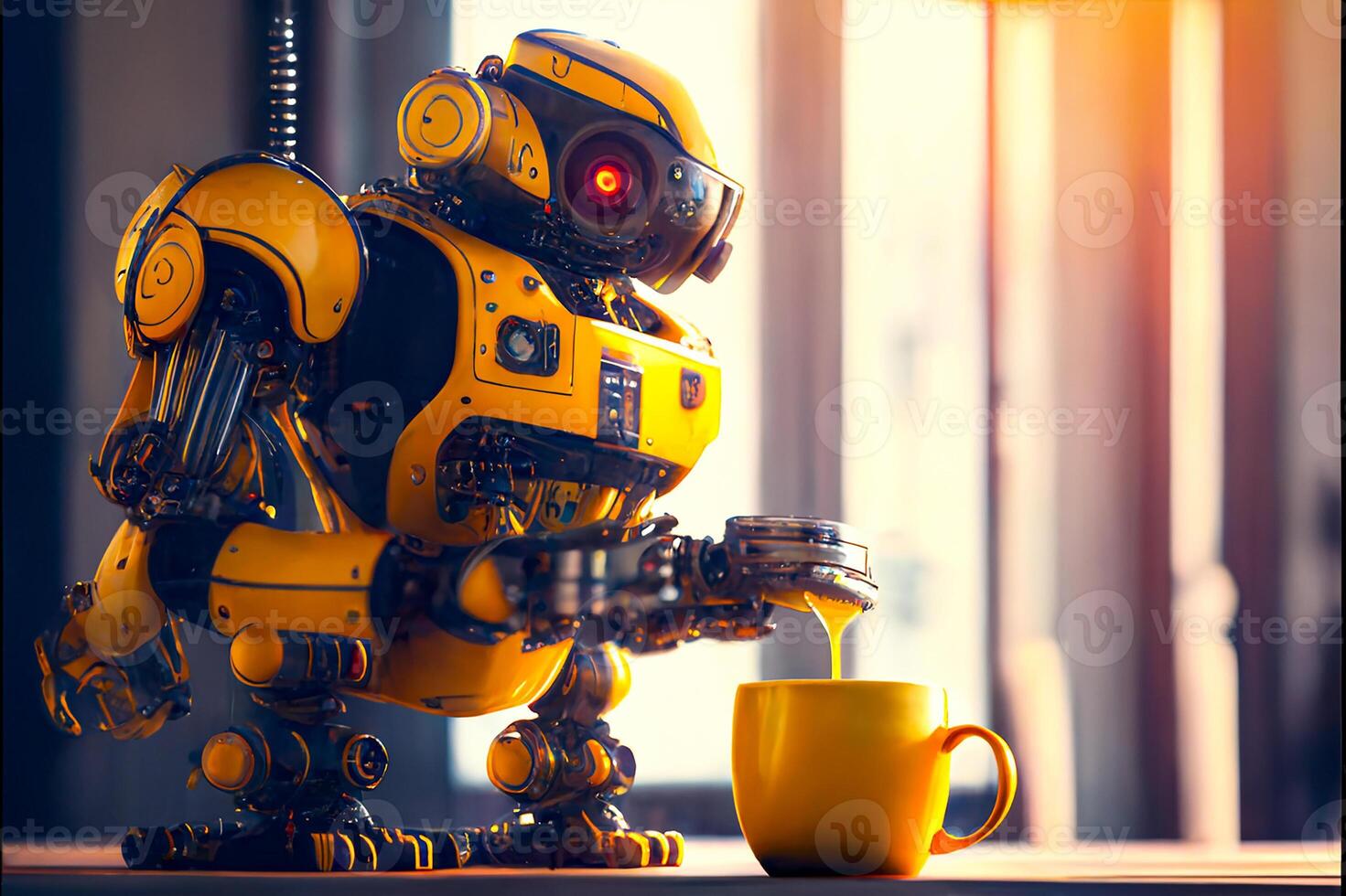 robot, giallo fatti in casa robot fa caldo bevande, caffè macchina. generativo ai foto