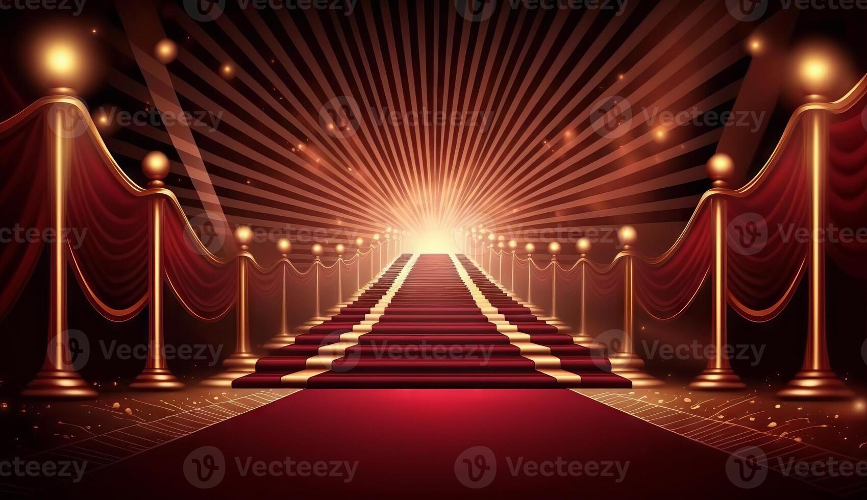 rosso tappeto bollywood palcoscenico. passaggi individuare luci. d'oro reale premi grafica sfondo. generativo ai foto