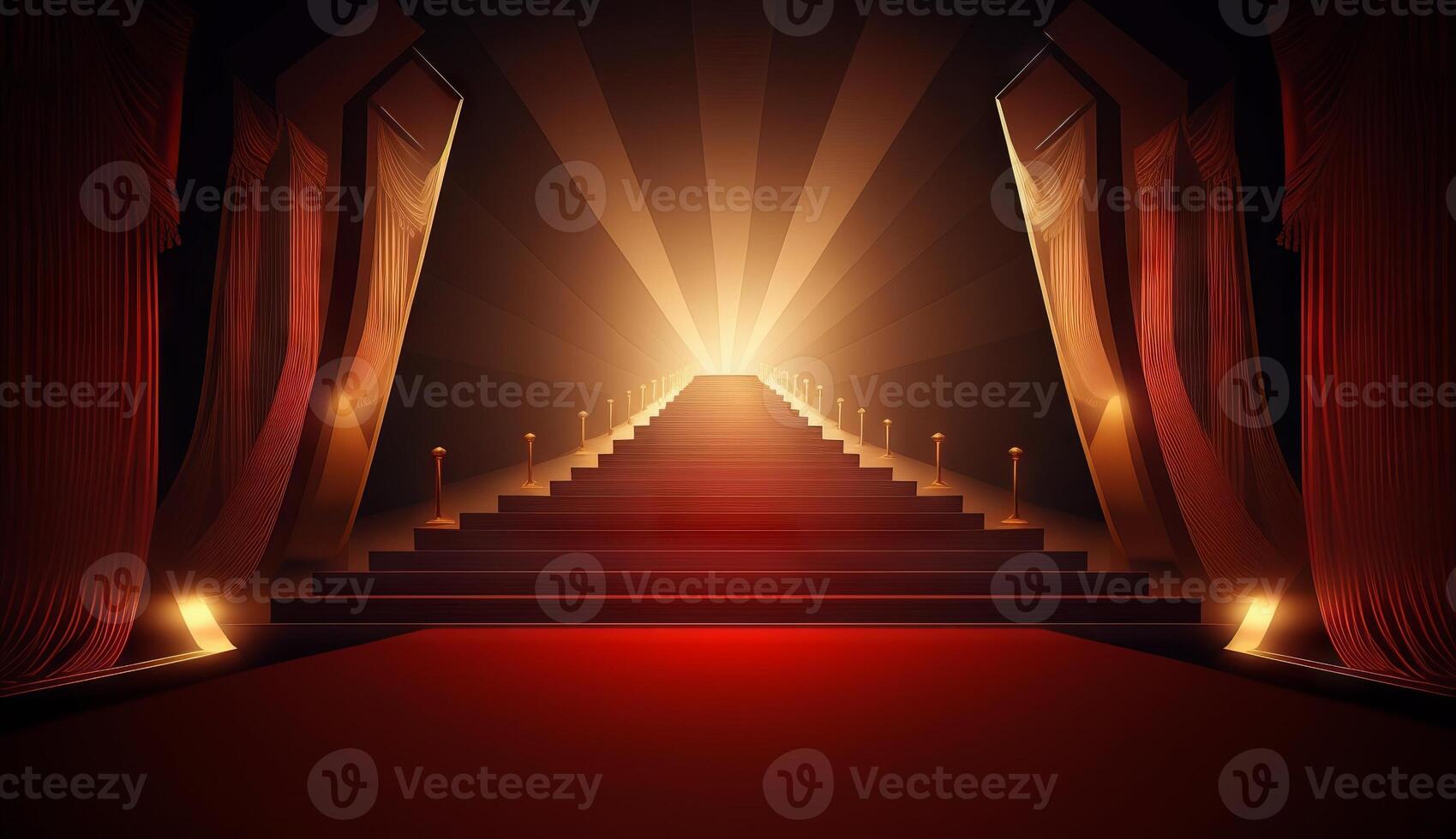 rosso tappeto bollywood palcoscenico. passaggi individuare luci. d'oro reale premi grafica sfondo. generativo ai foto