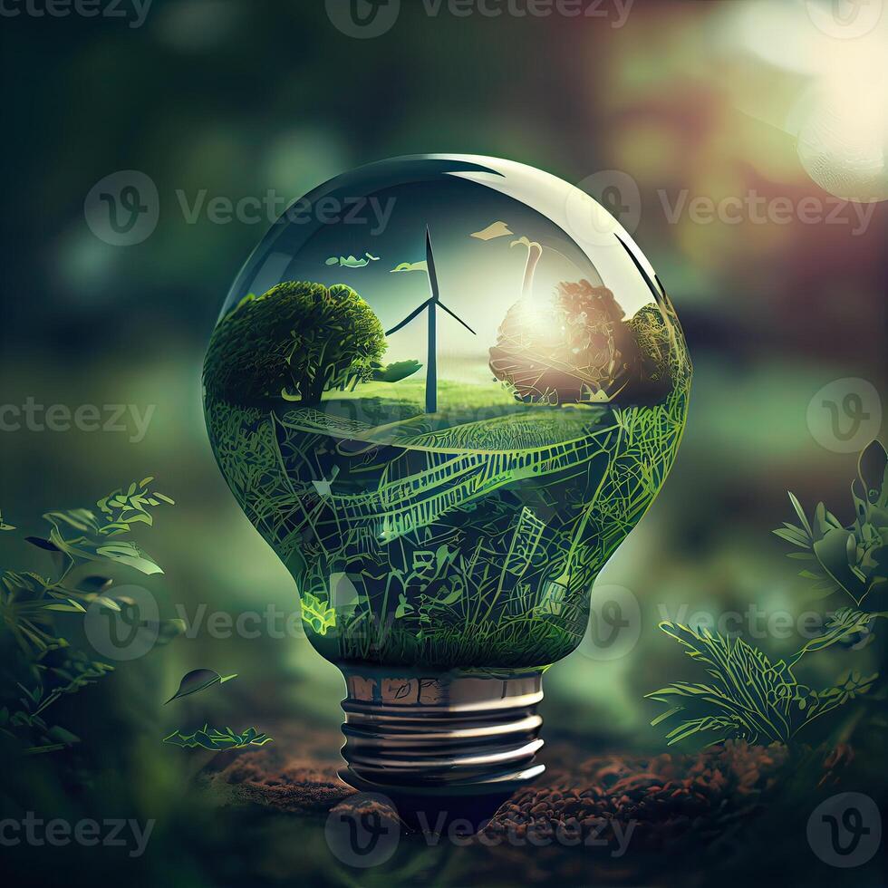 ambientale protezione, rinnovabile, sostenibile energia fonti. il verde mondo carta geografica è su un' leggero lampadina quello rappresenta verde energia rinnovabile energia quello è importante per il mondo. generativo ai foto