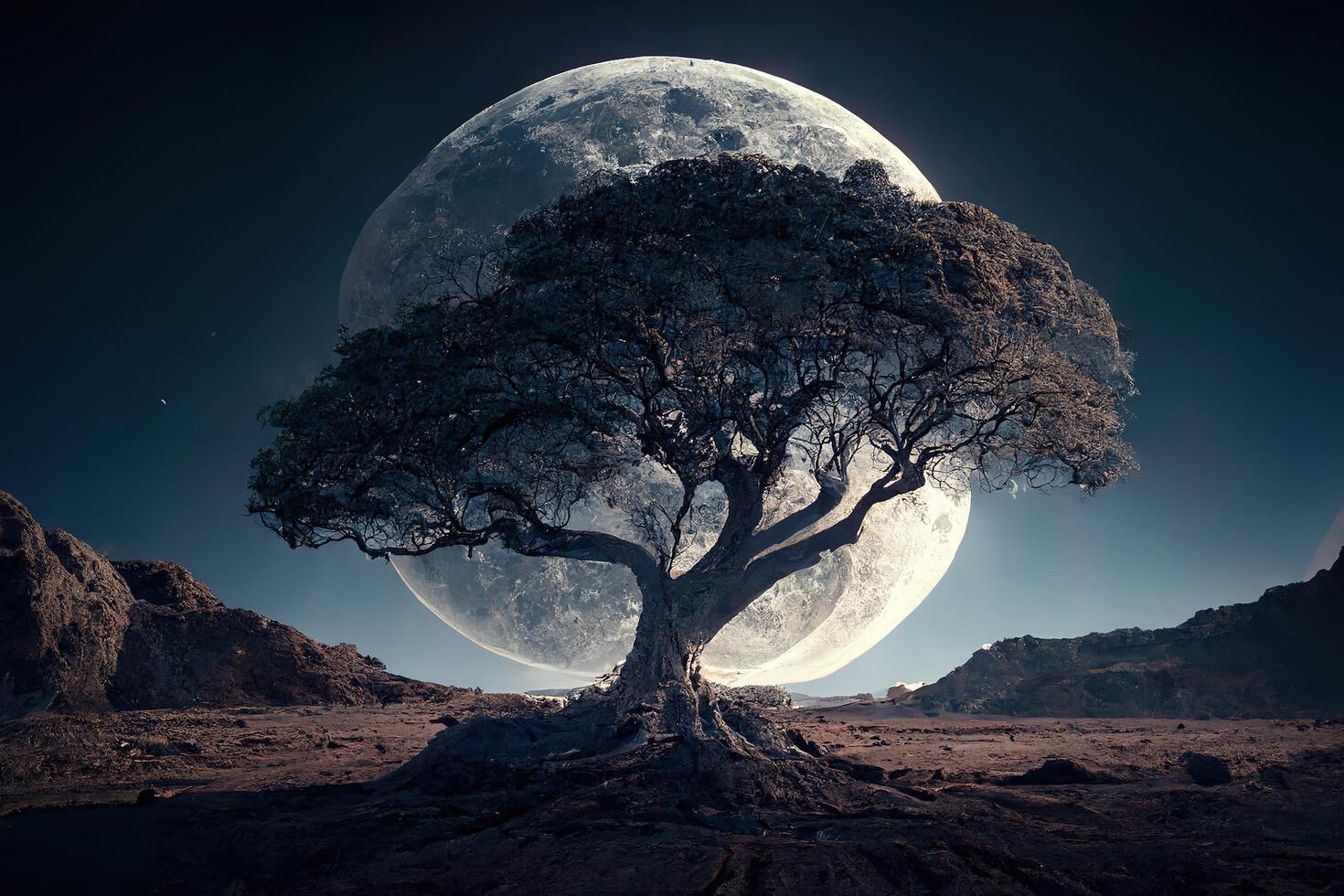 albero contro il pieno Luna a notte. ai generato foto