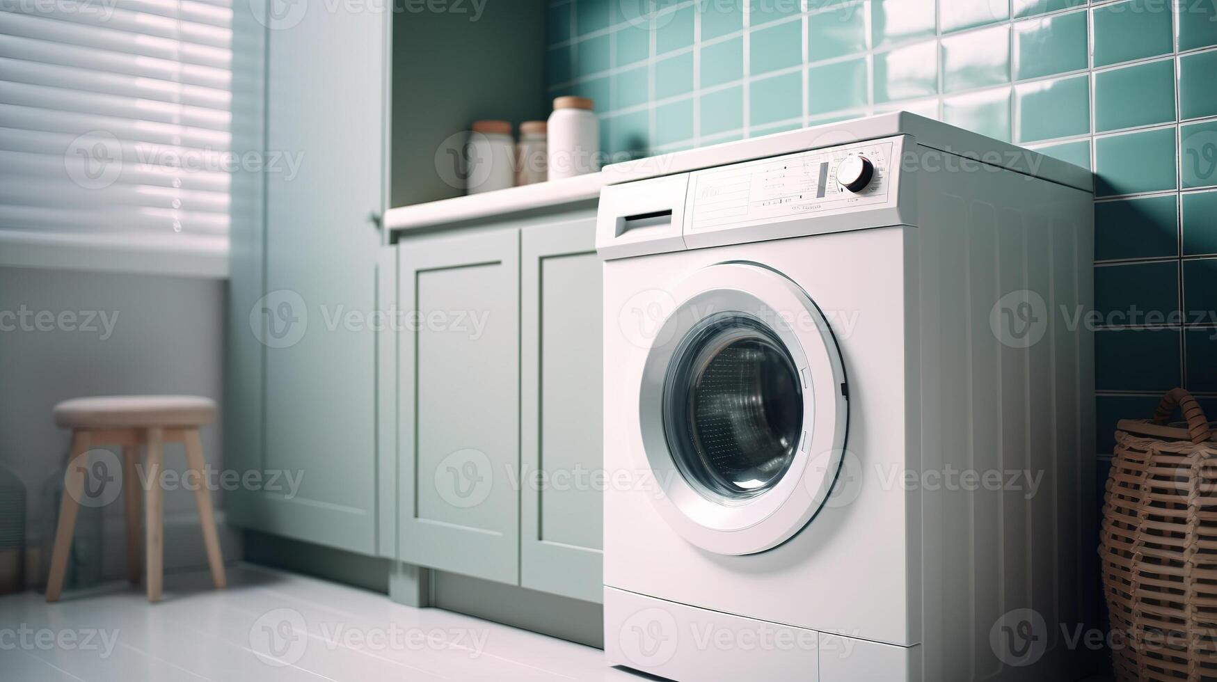 moderno lavanderia camera, elegante mobilia e Avanzate elettrodomestici. generativo ai foto