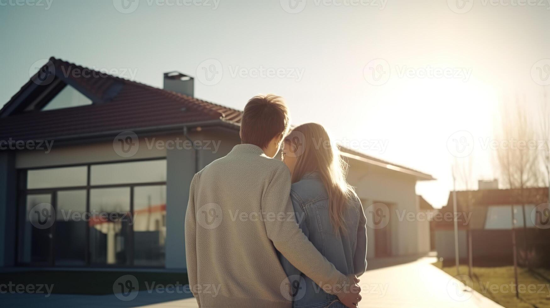 giovane famiglia guardare a loro nuovo casa. generativo ai foto