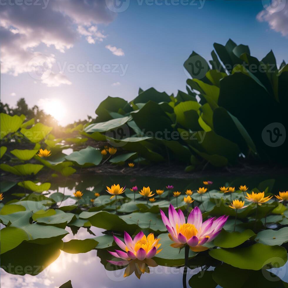 bellissimo loto fiore fioritura nel il stagno con luce del sole. generato ai foto