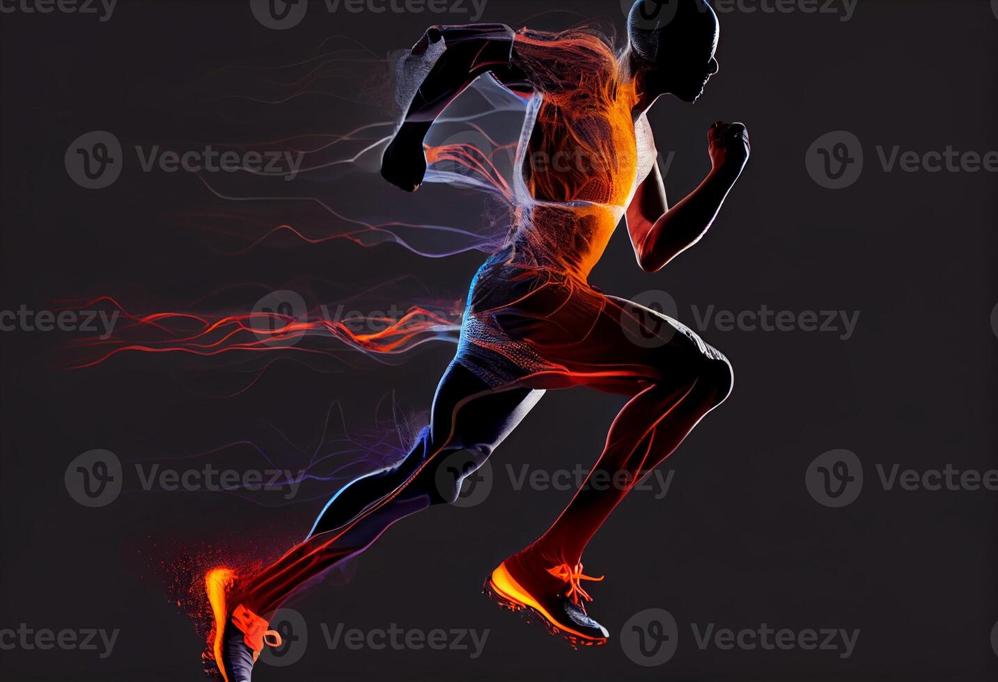 sport corridore , lato profilo Visualizza di sportivo energico grave salutare dinamico , lato Visualizza di un' jogger gambe con il energia nel il vene isolato. creare ai foto