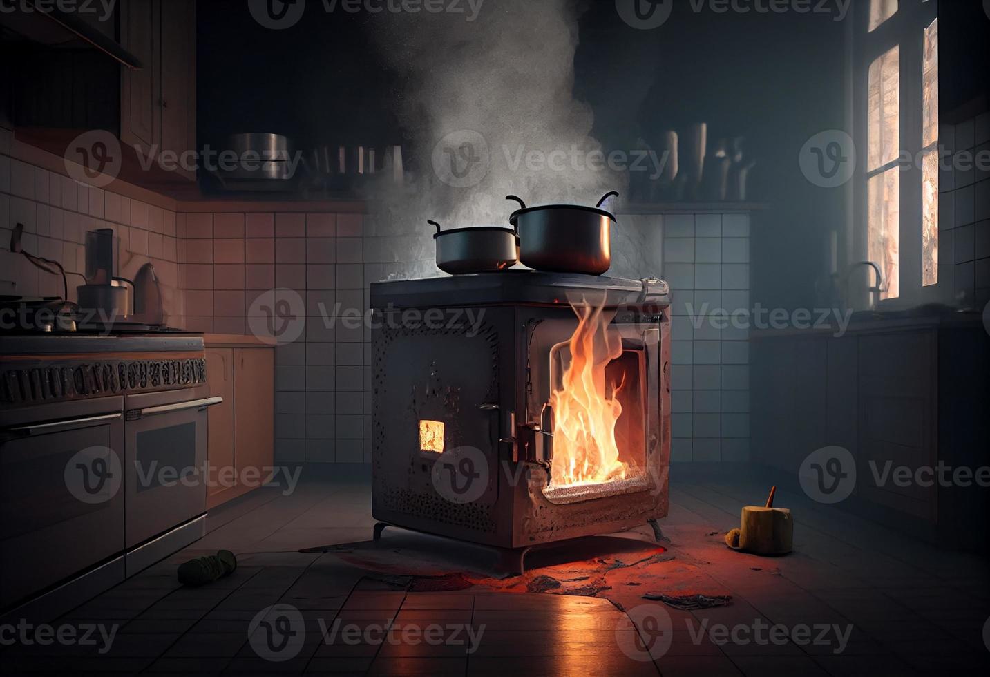 stufa acceso nel il moderno cucina durante cucinando, Fumo e fuliggine intorno a, fuoco a casa. creare ai foto