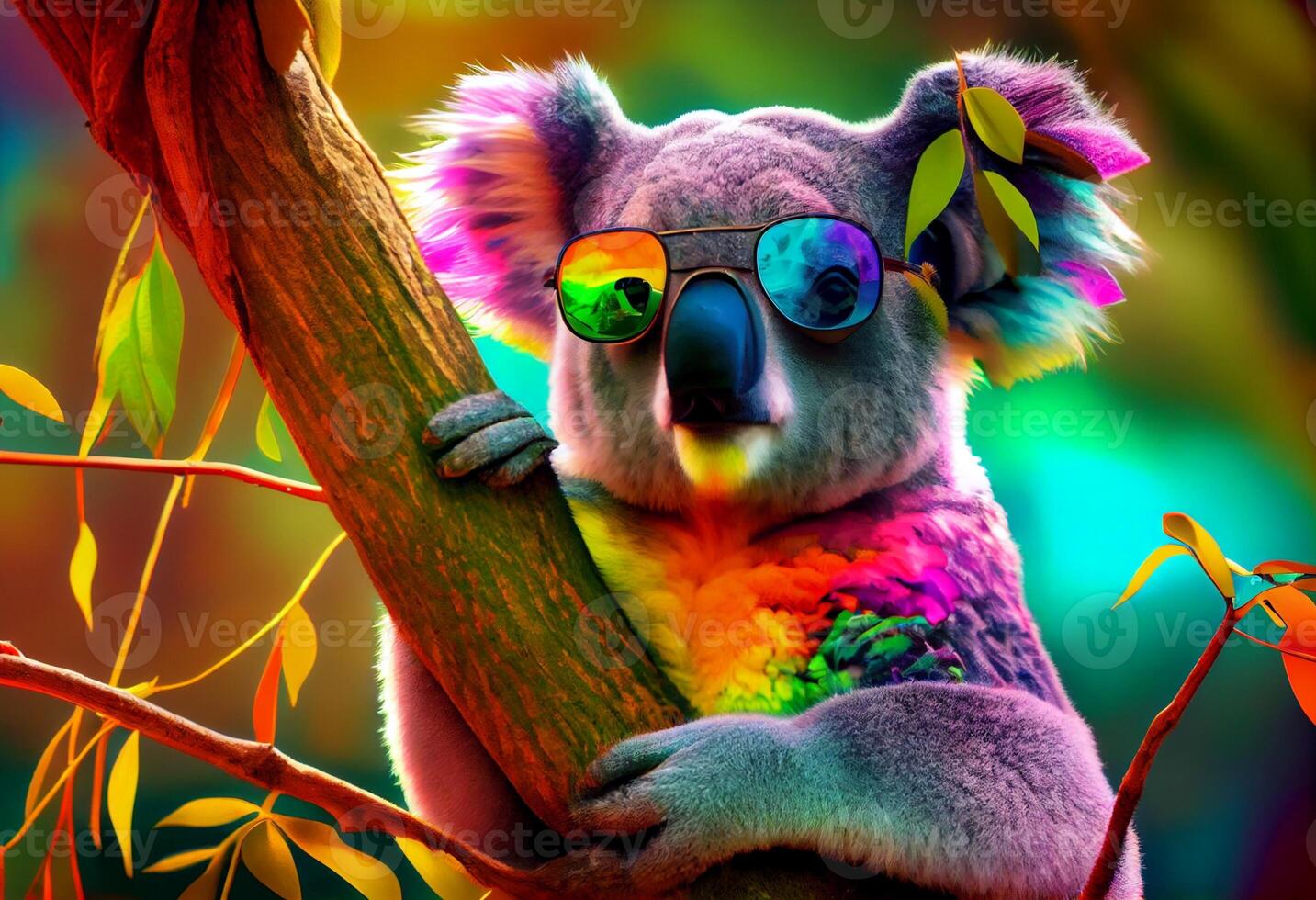 un' grande koala indossare occhiali da sole seduta su superiore di un' albero, neofauvismo, colorato. creare ai foto