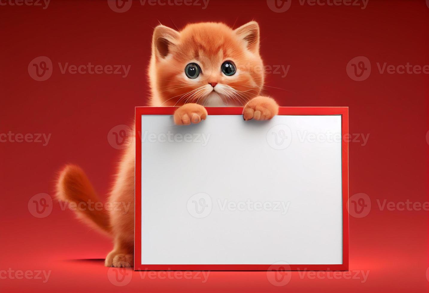 carino rosso gattino Tenere un' vuoto telaio con copia spazio su un' pendenza sfondo. creare ai. foto