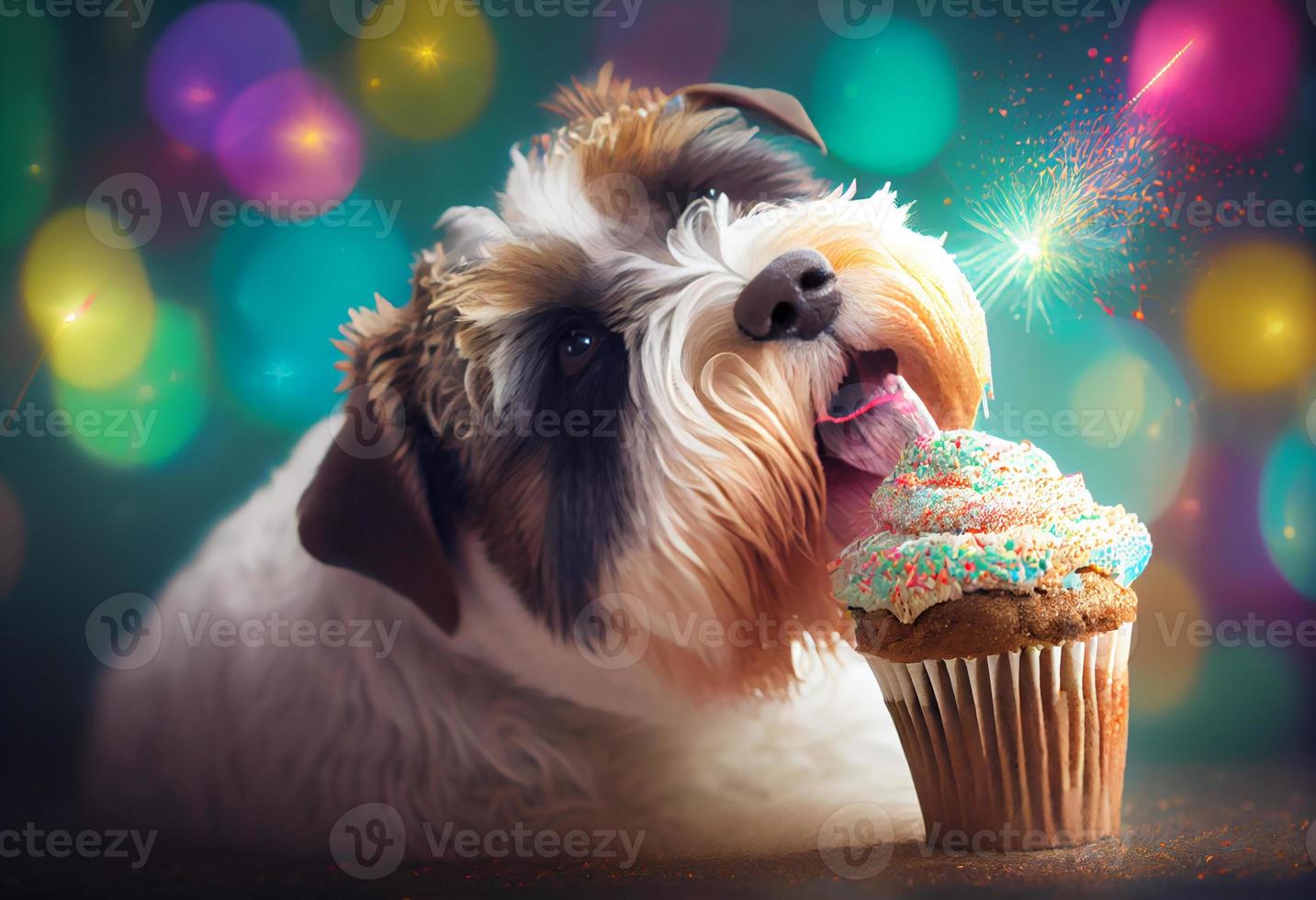 carino cane celebra compleanno con Cupcake su festivo bokeh sfondo. creare ai. foto