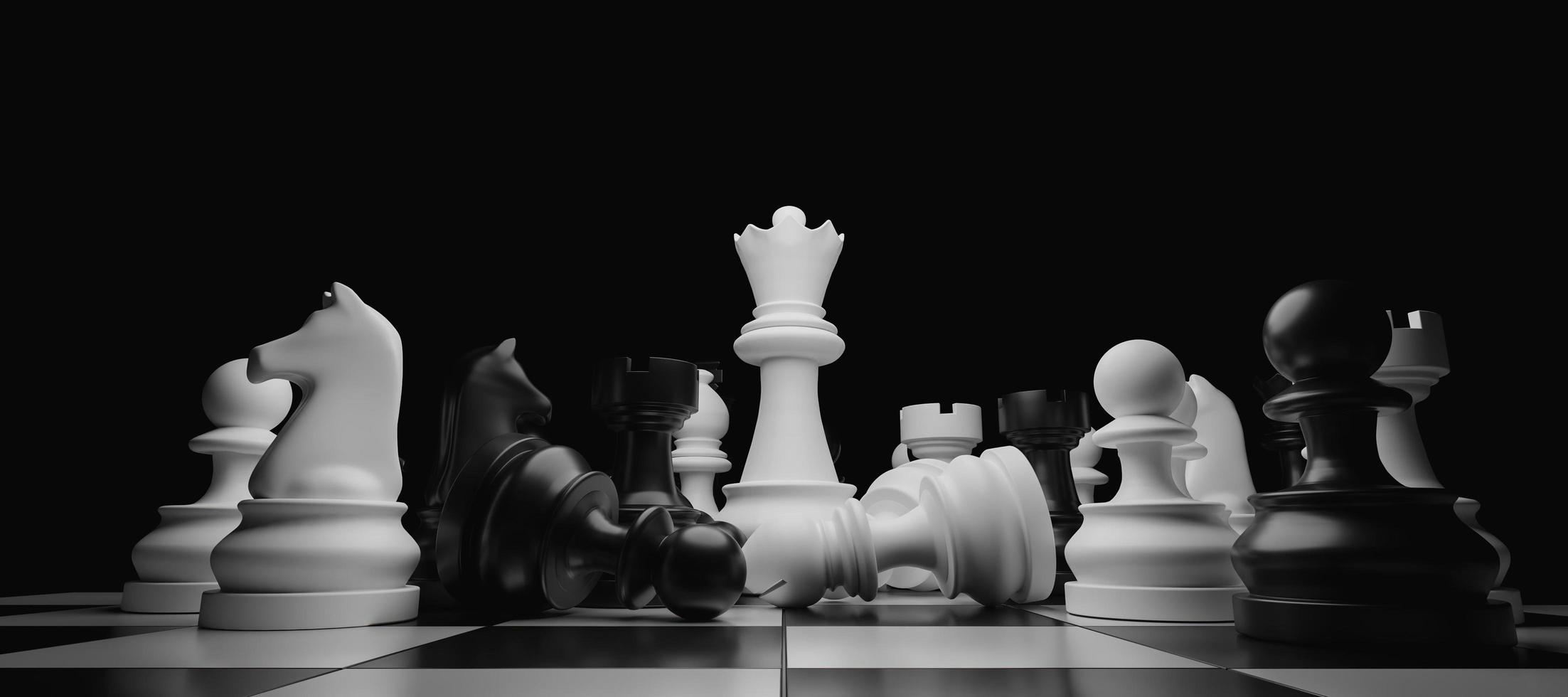 primo piano di pezzi degli scacchi impilati con la regina bianca in piedi al centro, rendering 3d foto