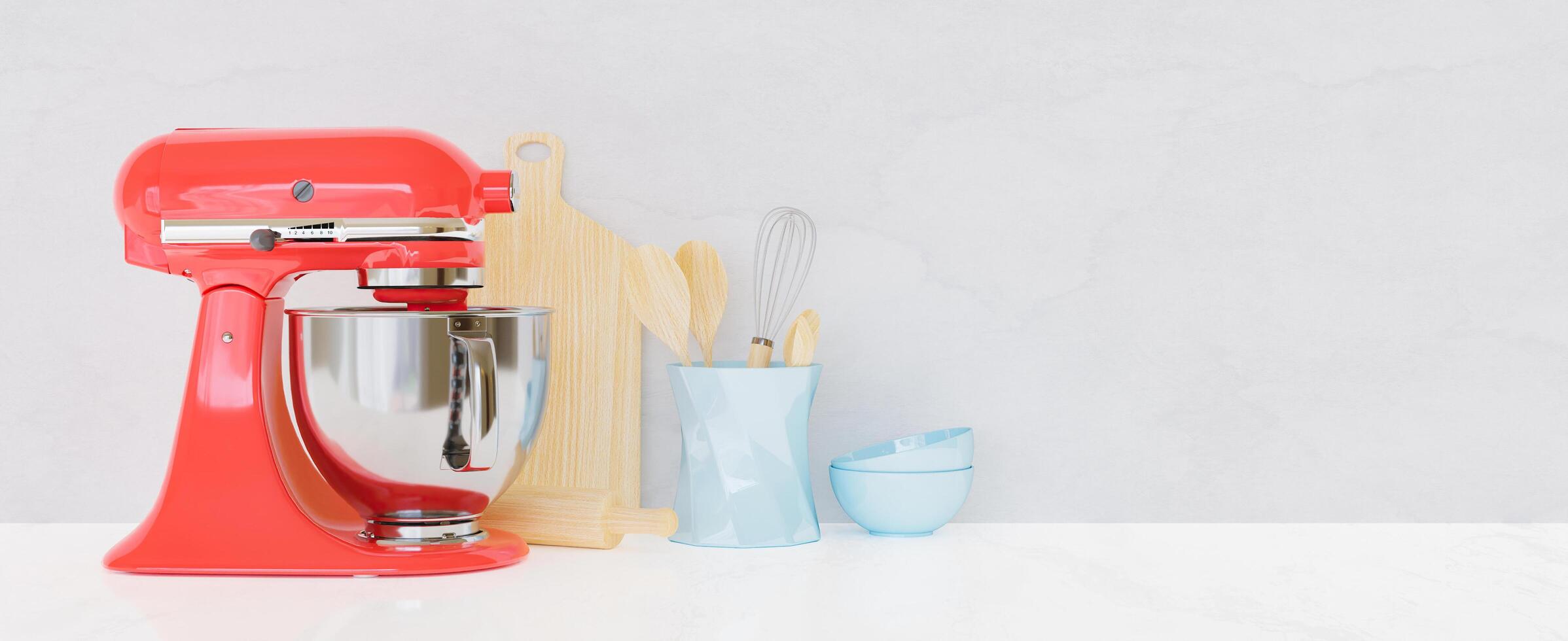 utensili da cucina con muro bianco e tavolo e un miscelatore da cucina rosso davanti, rendering 3d foto